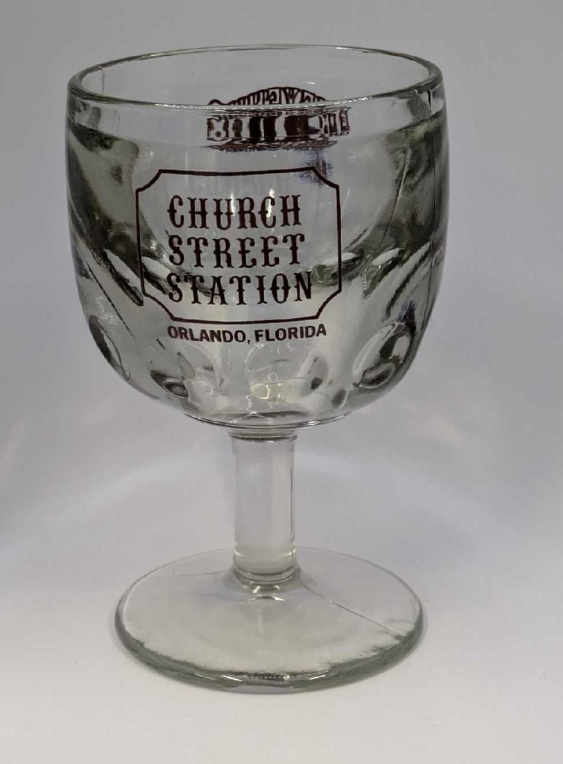 Church Street Station Cheyenne Saloon Beer Goblet: Church Street Station Cheyenne Saloon Beer Goblet. This goblet made of heavy glass is approx 4" x 4" x 6" and it weighs 2.06 lbs. The goblet has no cracks or chips.