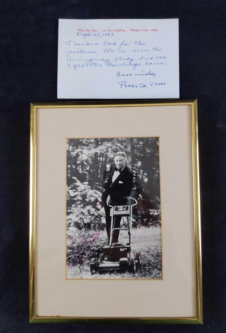 Peter De Vries Autographed Framed Photo And Note: Autographed framed photo of writer, Peter De Vries. This photo was considered the 'the definitive" image of the writer. Please see the quote in the images from the book, "Peter De Vries an