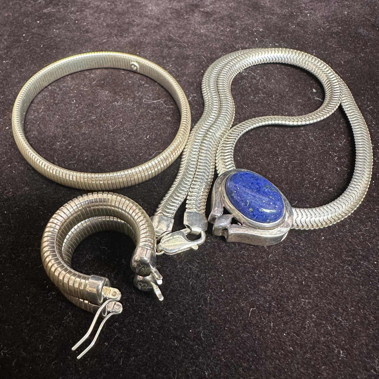 Omega Link Lapis Necklace Earrings Bracelet Sterling Silver 925 Jewelry Set: This item is in good pre-owned, previously used/displayed condition with noticeable light wear and surface scratches. Please reference all photos for full details. This piece of jewelry has been teste