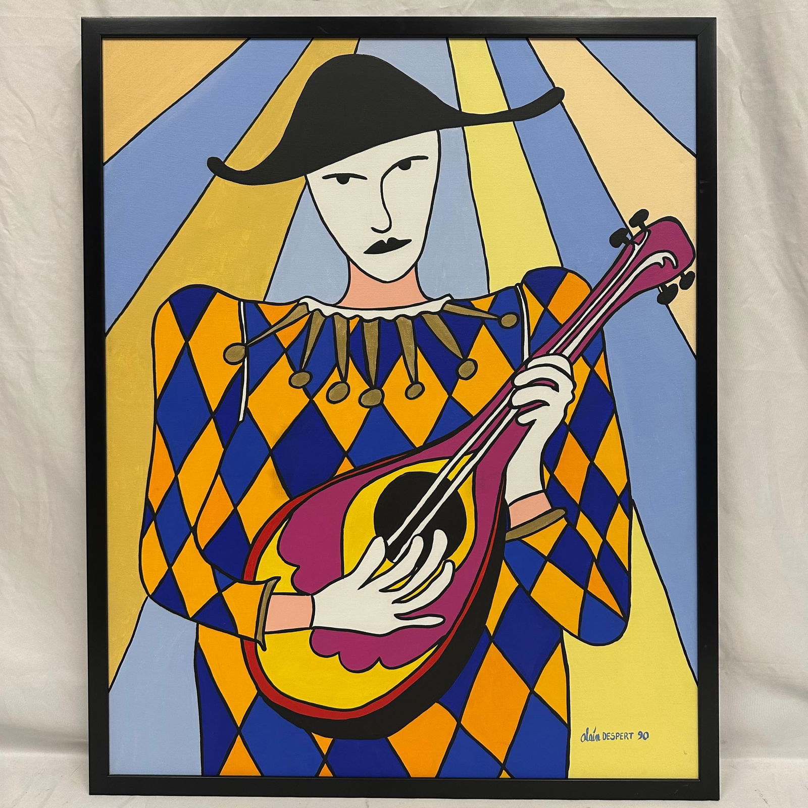 Alain Despert Signed and Dated Acrylic on Canvas Harlequin Patterned Outfit Jester Like Style: Original acrylic painting on canvas by Alain Despert, dated 1990. Features a bold, stylized depiction of a Pierrot-type musician playing a mandolin in Despert’s signature vibrant, geometric style. S