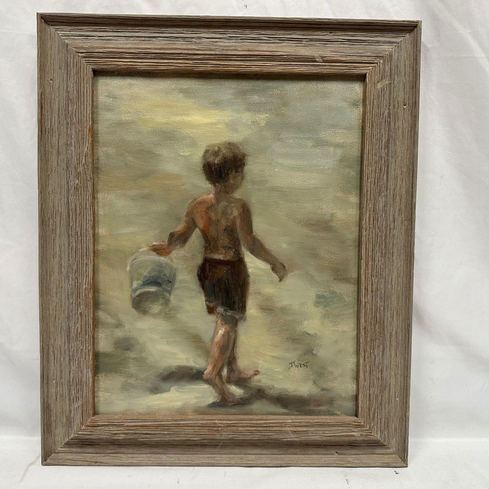 Original Oil Painting on Canvas Beach Day by Jennifer West Framed: Original oil on canvas depicting a young boy walking barefoot on the beach with a bucket in hand. Soft impressionist style with warm tones. Signed “J. West” lower right. Includes Certificate