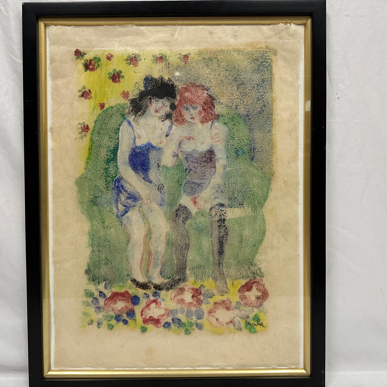 Ursula Sternberg Monoprint Girlfriends in Green Armchair Framed Art: Framed monoprint by Ursula Sternberg depicting two seated women in colorful attire against a floral backdrop. Mixed pastel-like texture on paper. Signed lower right. Gallery label from Hall-Barnett