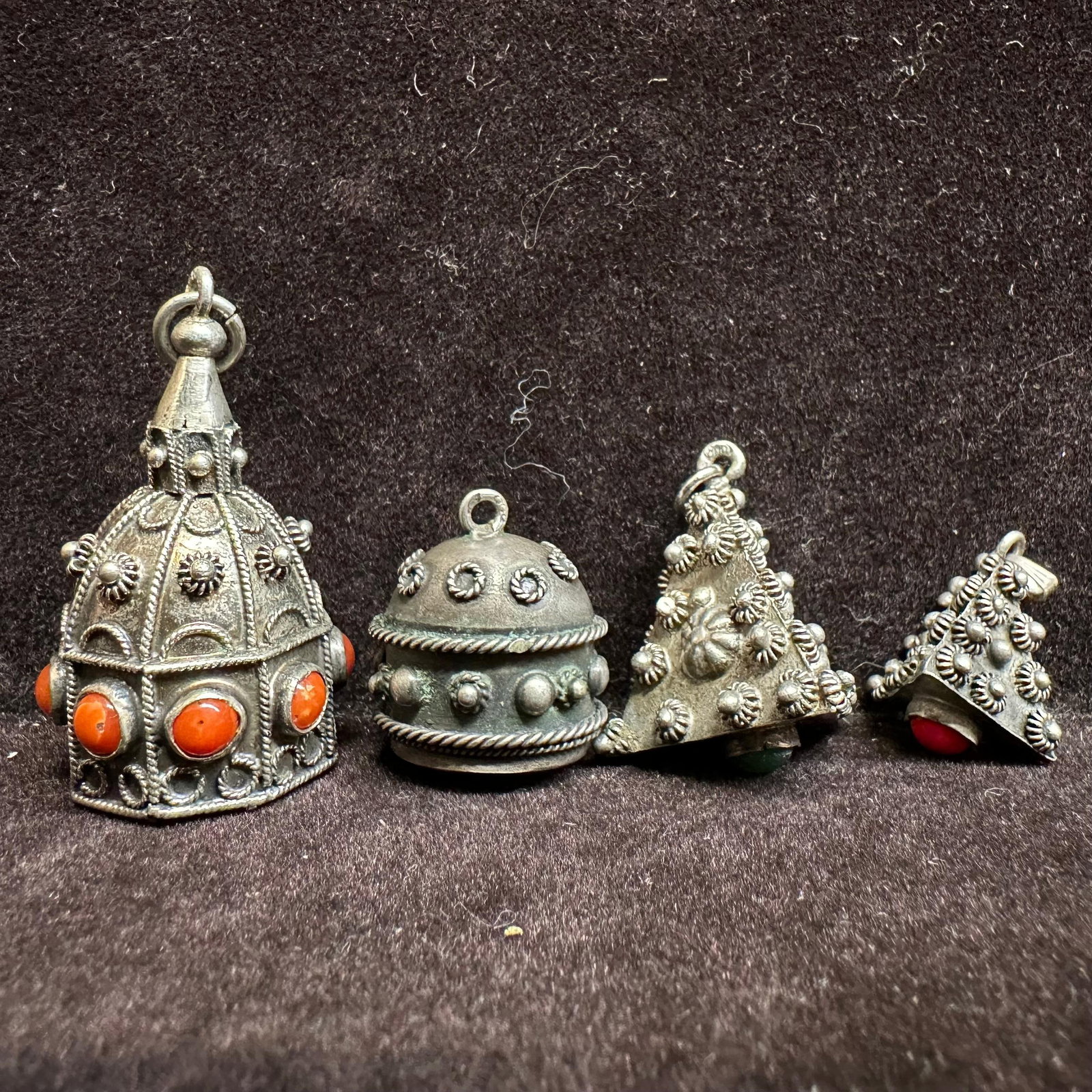 Etruscan Revival 800 Silver Fob Charms Set Multiple Stones: This item is in good pre-owned, previously used/displayed condition with noticeable light wear and surface scratches. Please reference all photos for full details. This piece of jewelry has been