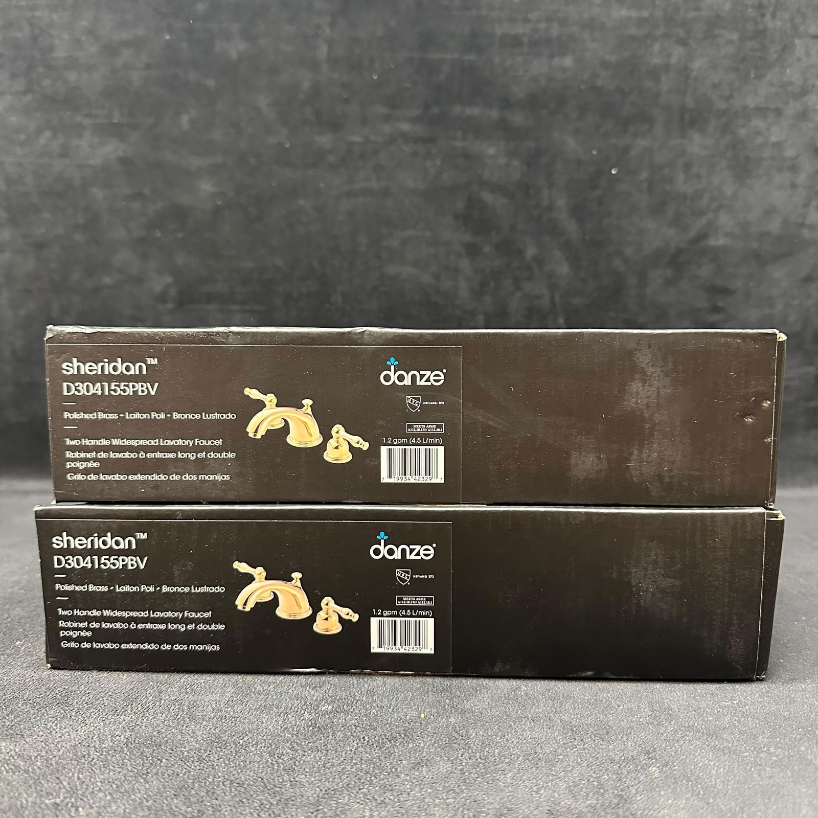 2 Danze Sheridan D304155PBV Polished Brass Two-Handle Widespread Lavatory Faucets: Lot of two Danze Sheridan model D304155PBV two-handle widespread lavatory faucets in polished brass finish. Solid brass construction. Each faucet is rated at 1.2 GPM 4.5 L/min. Includes original