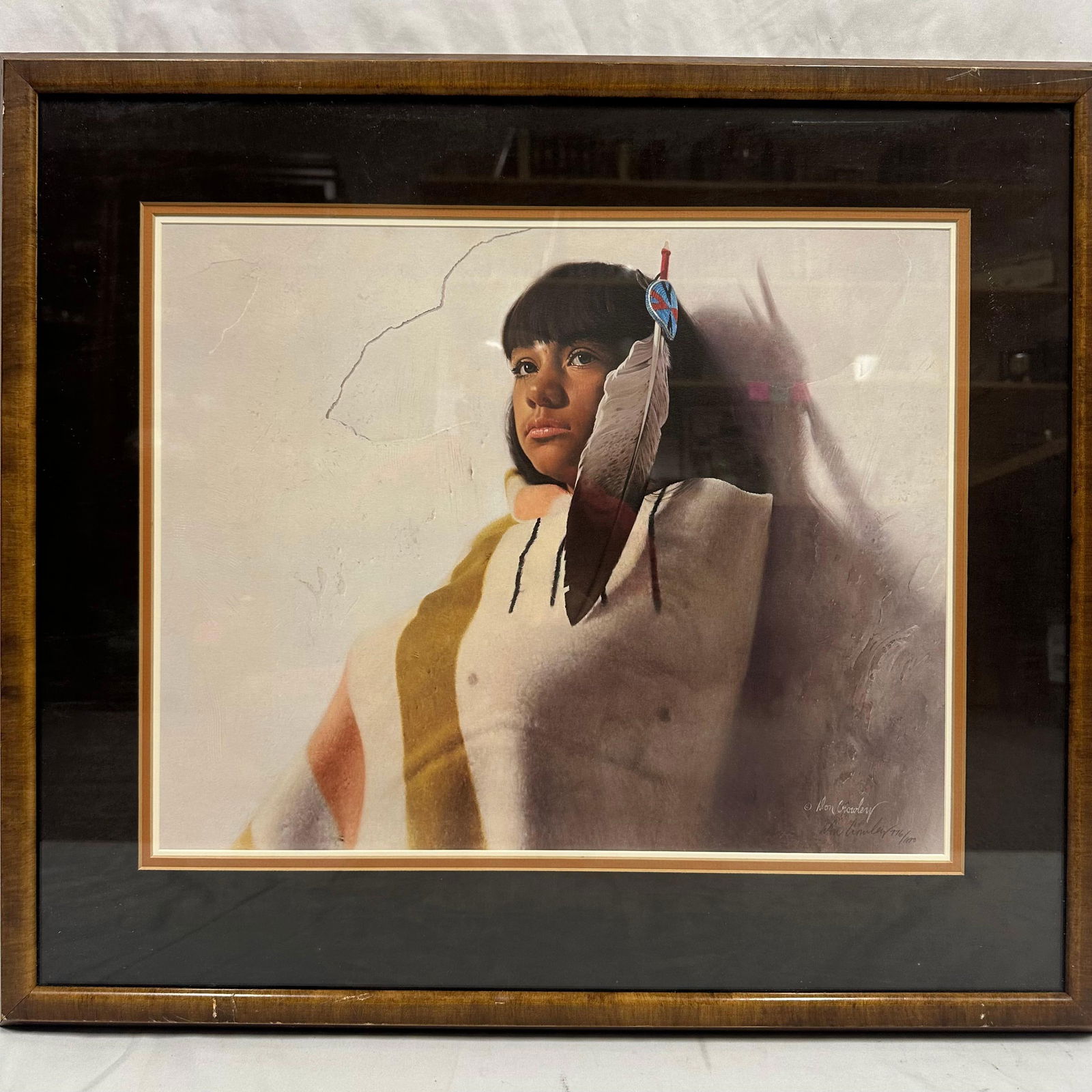 Donald V. Crowley Hudsons Bay Blanket Limited Edition Lithograph Signed and Numbered 776 of 1000: Limited edition lithograph titled Hudson’s Bay Blanket by acclaimed Western artist Donald V. Crowley, American, 1926–2022. Beautifully detailed portrait of a Native American woman wrapped in a Hud