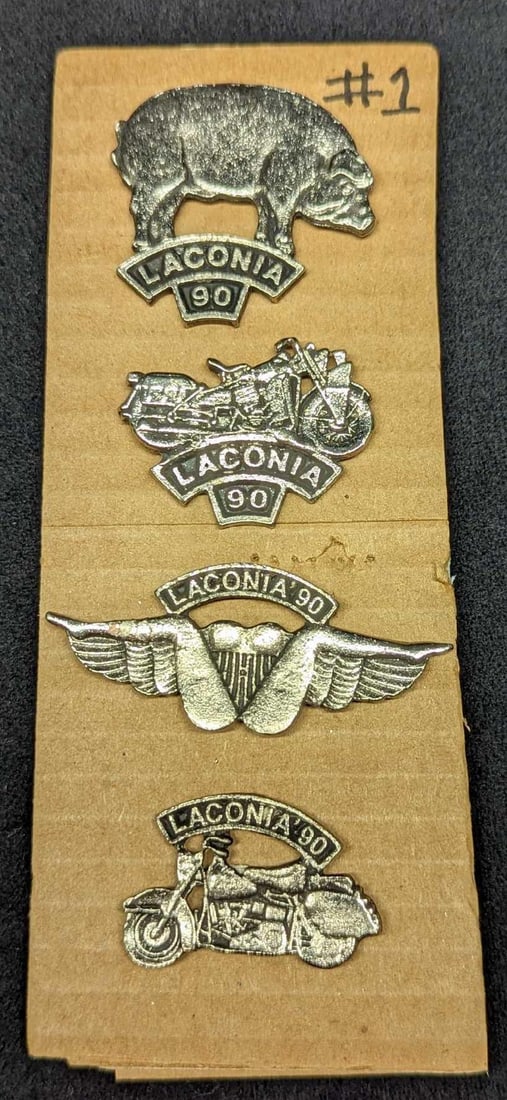 4 Silver Tone 1990 Bike Week Laconia Pinback Pins: 4 Silver Tone 1990 Bike Week Laconia Pinback Pins. This Bike Week took place in Laconia, New Hampshire. The rally was the largest annual gathering of North American motorcyclists until it wa