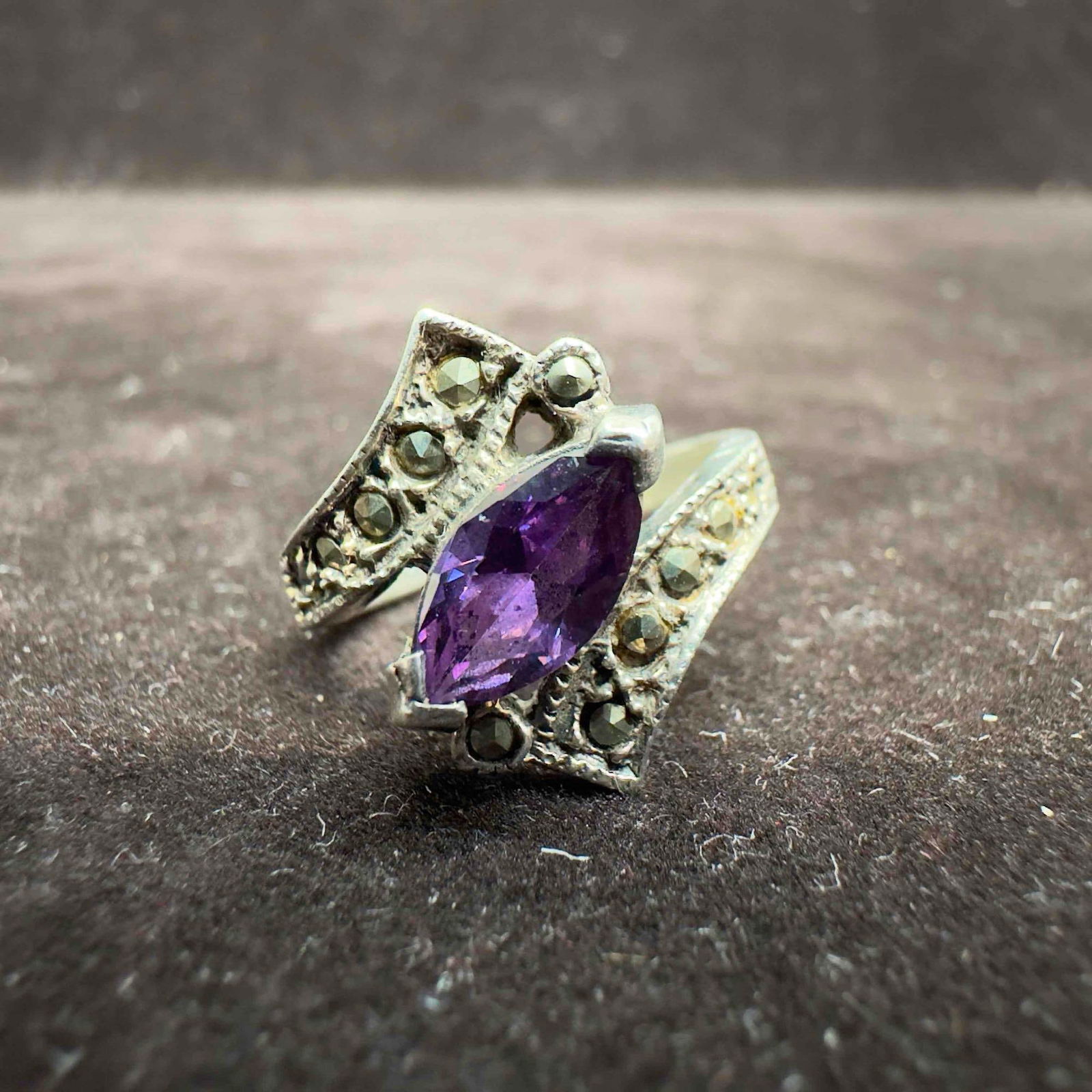 Sterling Silver Thailand 925 Marquise Cut Amethyst Marcasite Accent Ring (1 of 8)