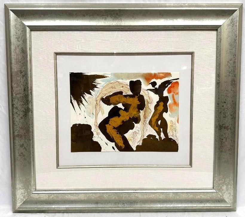 Salvador Dali - Biblia Sacra "I give Up My Body...": This original color lithograph by Salvador Dalí featuring abstract human silhouettes in motion with expressive brushwork and vivid color fields. This piece comes from the Biblia Sacra, a series done