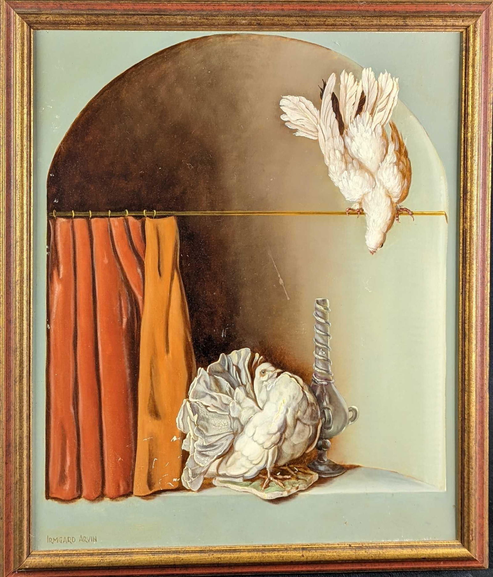 Framed Original Irmgard Arvin Curious Dove: Original framed Irmgard Arvin Oil On Wood Panel, "The Curious Dove". The framed original is approx 22 5/8" x 1 1/4" x 26 3/4" and it weighs 3.5lbs. The original is approx 19 1/2" x 23 1/2". The
