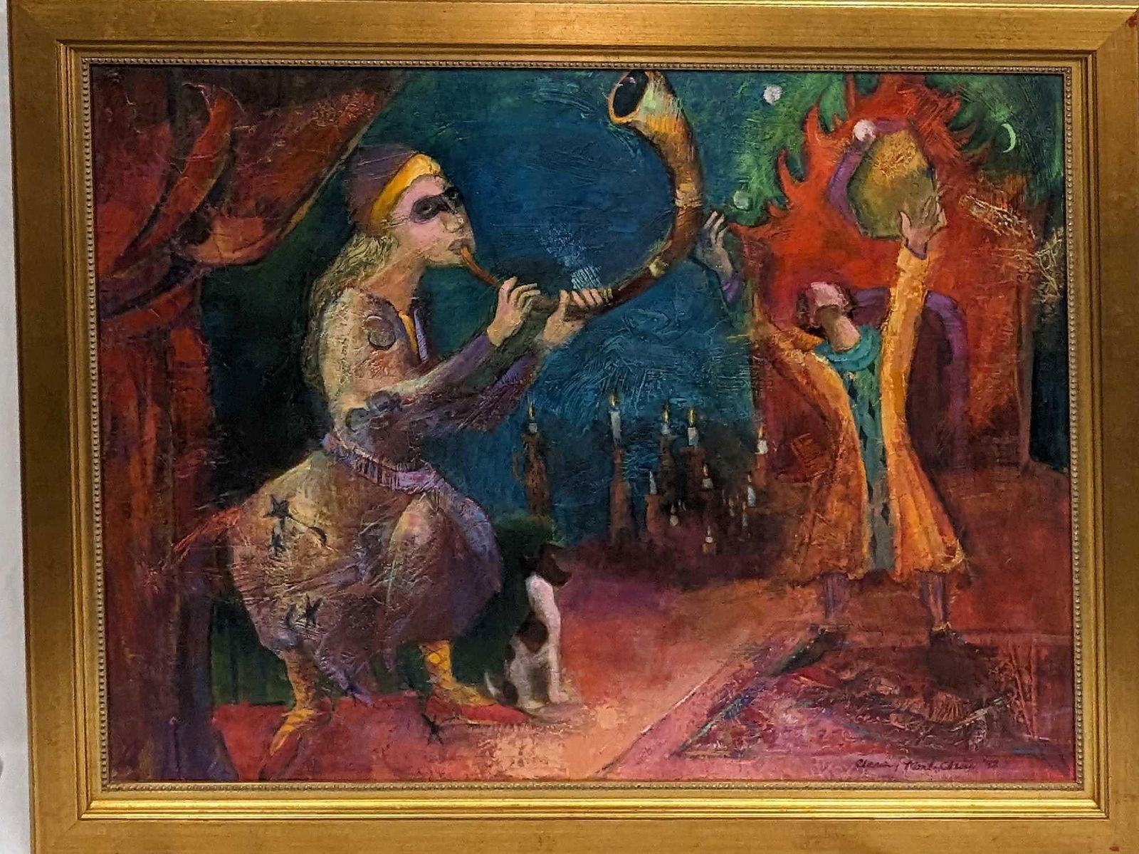 Framed Original Oil On Canvas Entertainer Bard R25: Framed Original Oil On Canvas Entertainer Bard R25. This framed original shows an entertainer blowing her horn alongside her pup while someone enjoys her music. The original was signed by the artist