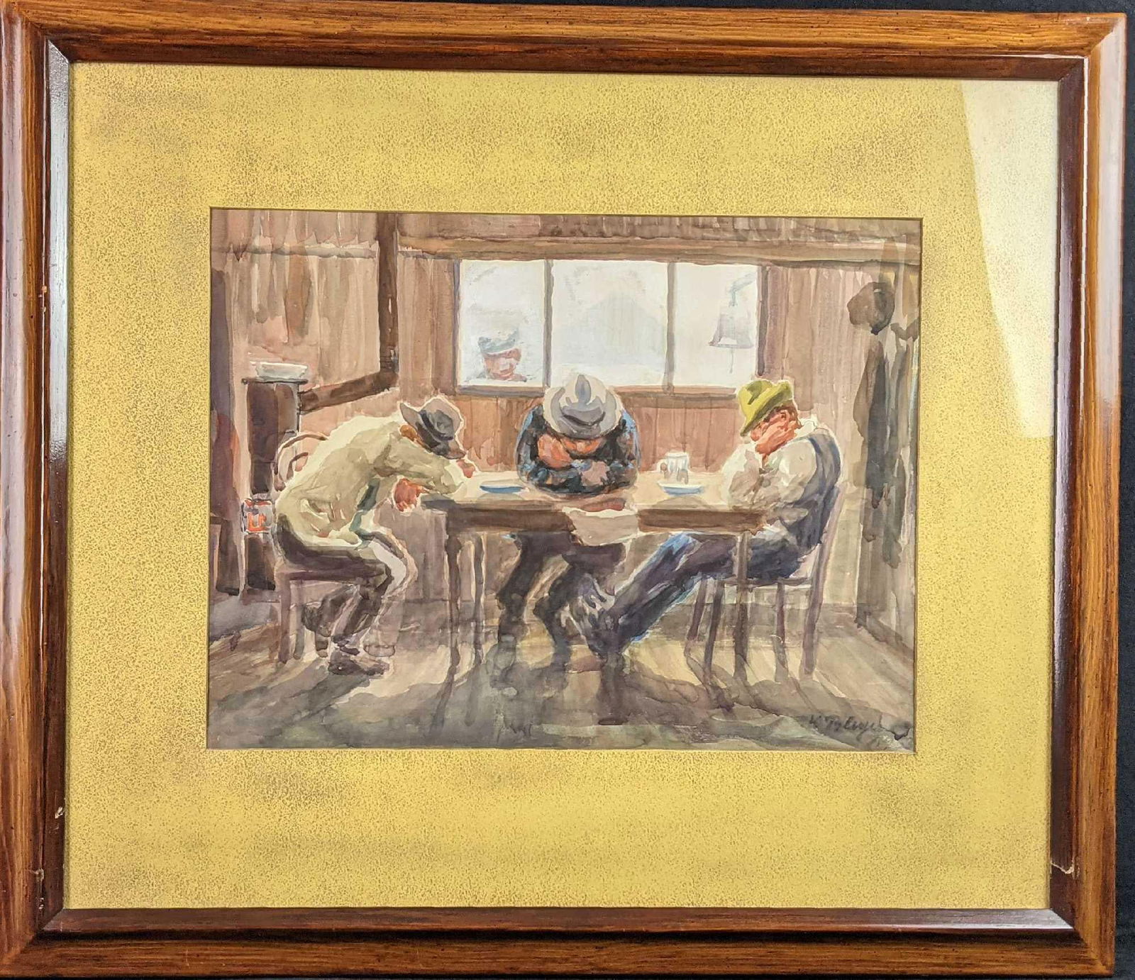 Vintage Framed Watercolor 3 Weary Men At Station X9: Here is an original water-color of three rather worn out behatted men resting at what appears to be a station. Another man looks in through the window. Is he their boss? Original is signed on