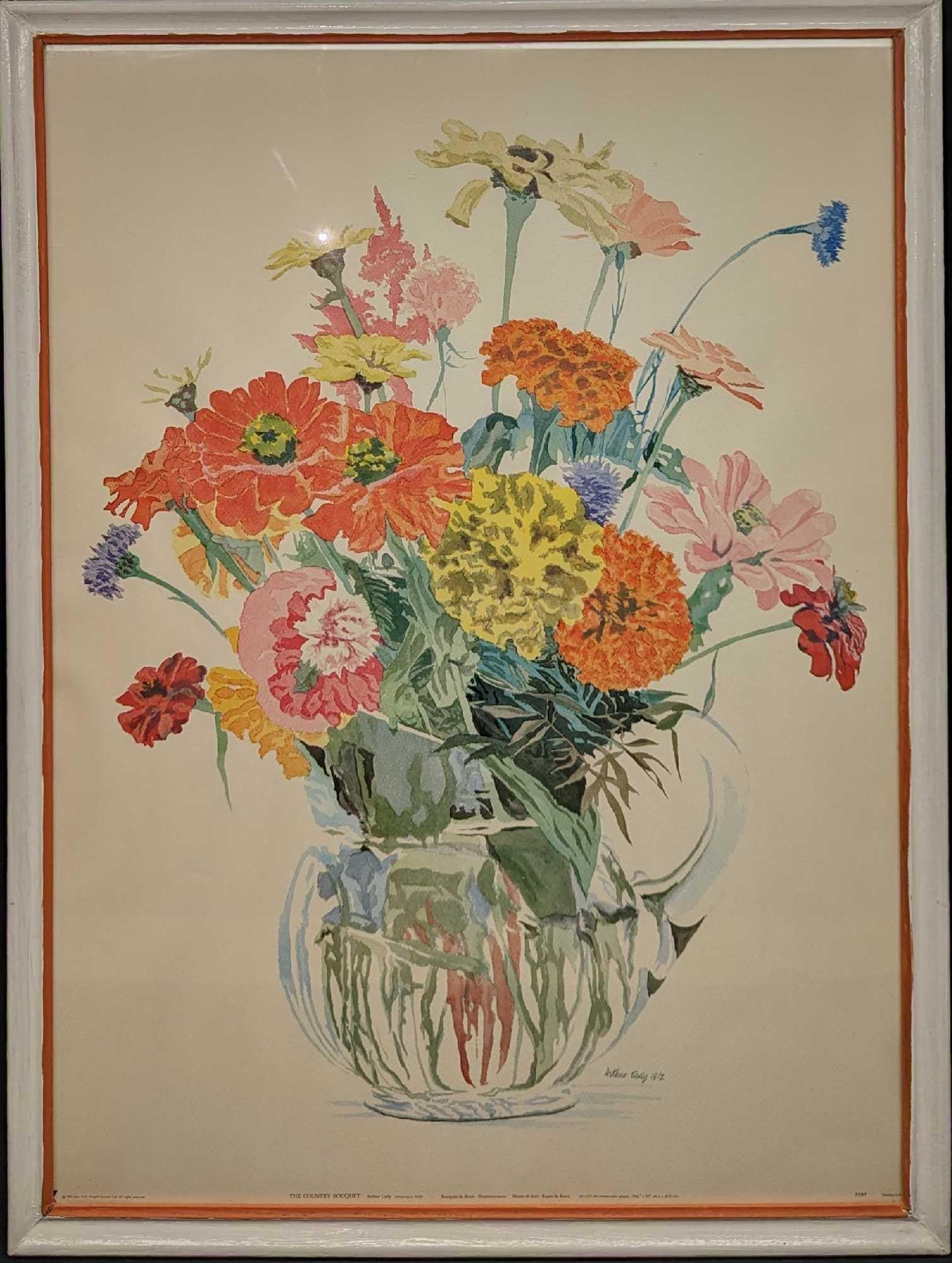 Vintage Framed Arthur Cady Country Bouquet Print: Vintage Framed Arthur Cady Country Bouquet Print. The framed print is approx 23 3/4" x 3/4" x 32" and it weighs 8.10 lbs. The print/visible image is approx 21 3/4" x 29 3/4". The frame has small