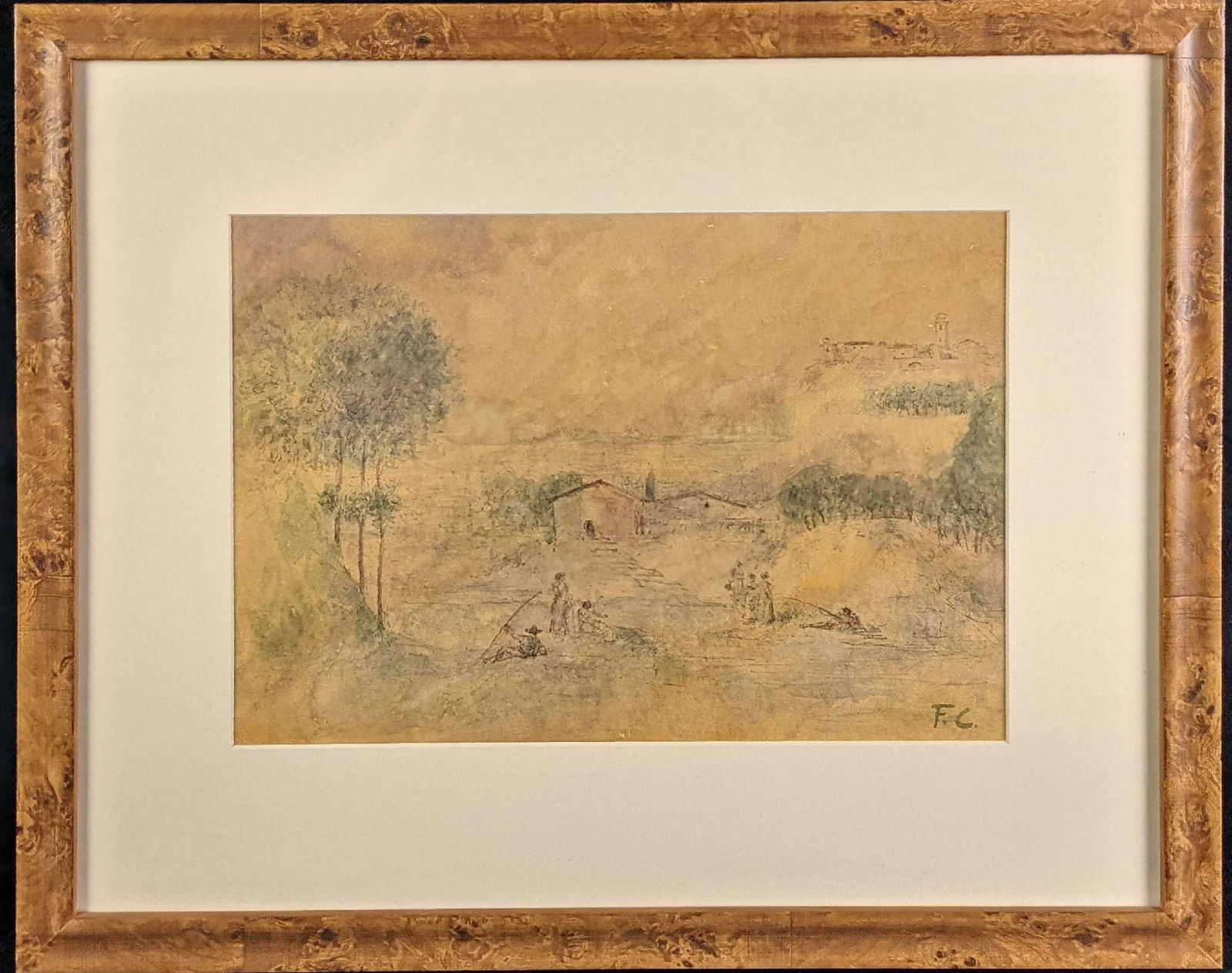 Fiorenze Caiijelli Original Tea Stained Watercolor Original: Fiorenze Caiijelli Original Tea Stained Watercolor Original. Shows an image of a little cottage with a church in the background. The original is signed on the bottom right and also on the back. It is