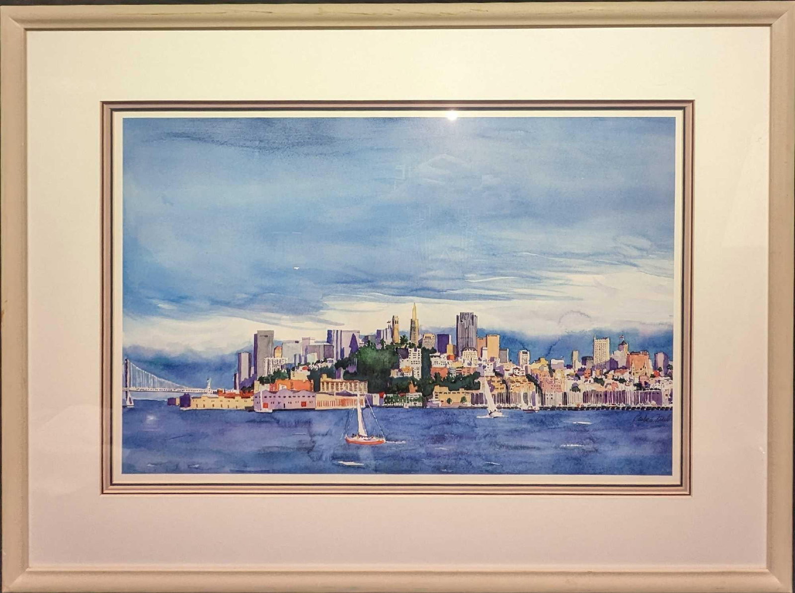 Large Signed Cityscape Watercolor Print: Large Signed Cityscape Watercolor Print. The signature on the bottom right is part of the print and not an original. We could not make out the signature. The framed print is approx 30 1/2" x 1