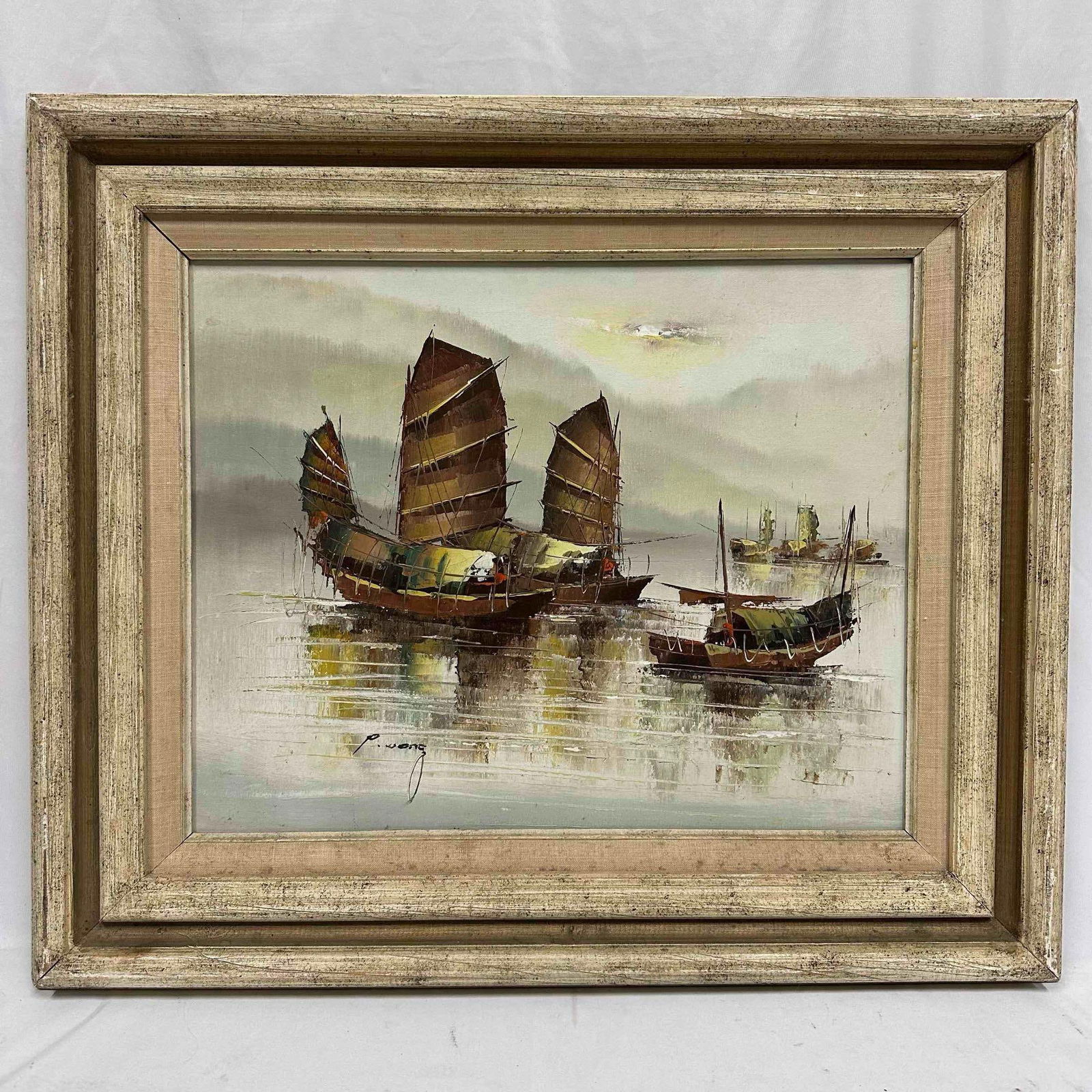 P. Wong Oriental Chinese Fishing Junk Boats Oil on Canvas Painting Framed Artwork J: Seascape Asian Junk Boats By P. Wong. Vintage Oil On Canvas Painting By Peter Wong 'Chinese Junk Boats' Signed By Artist. Loose artwork, canvas needs to be remounted, and will need to be repai
