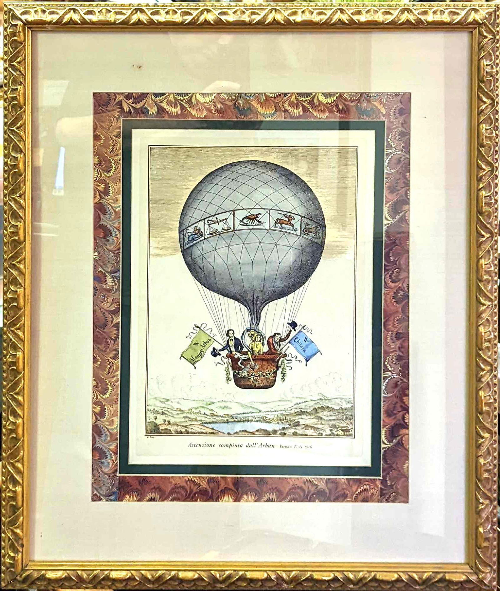 V. Cioni Balloon Framed Art: Gorgeous color lithograph print "Ascensione Compiuta dall'Arbon" hot air balloon print by V. Cioni. The framed print is approx 23" x 1" x 28" and it weighs 8.5lbs. The print/image is