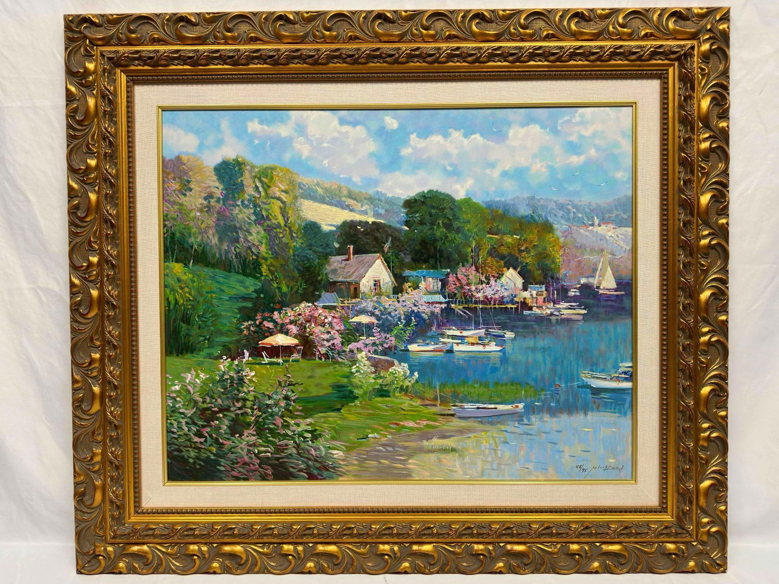 Ming Feng Lake Shore Limited Edition Print on Canvas Numbered 83/95 Hand Signed Framed Art R92: Ming Feng Lake Shore Limited Edition Print on Canvas Numbered 83/95 Hand Signed Framed Art R92. Ming Feng artist signature bottom right hand corner. Limited Edition 83 of 95. Frame is a little nicked