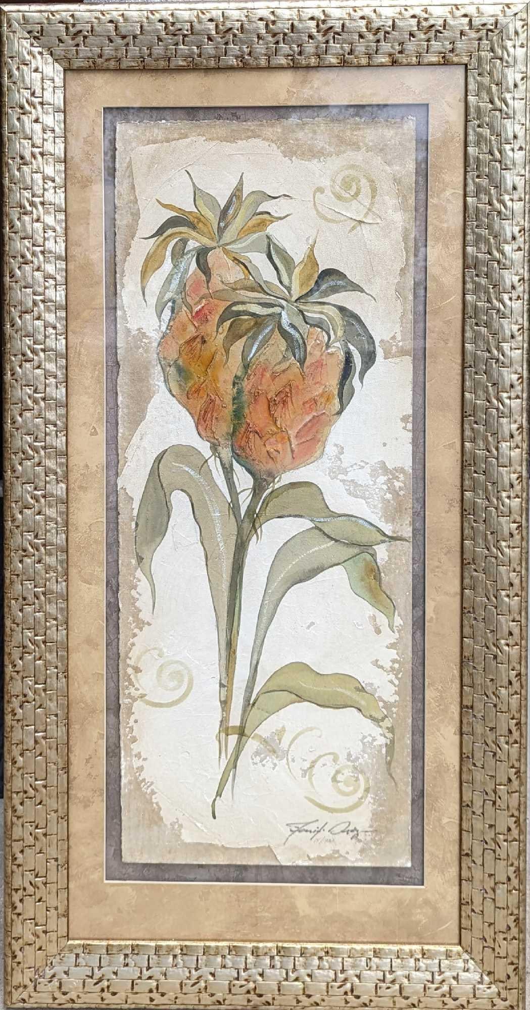 Framed Jennifer Dreznin Tropics II Mixed Media: Framed Jennifer Dreznin Tropics Mixed Media. This framed textured pastel on panel is approx 26" x 1 1/4" x 50" and it weighs 17.50 lbs. The original is approx 14 1/2" x 36" and is signed by the artist