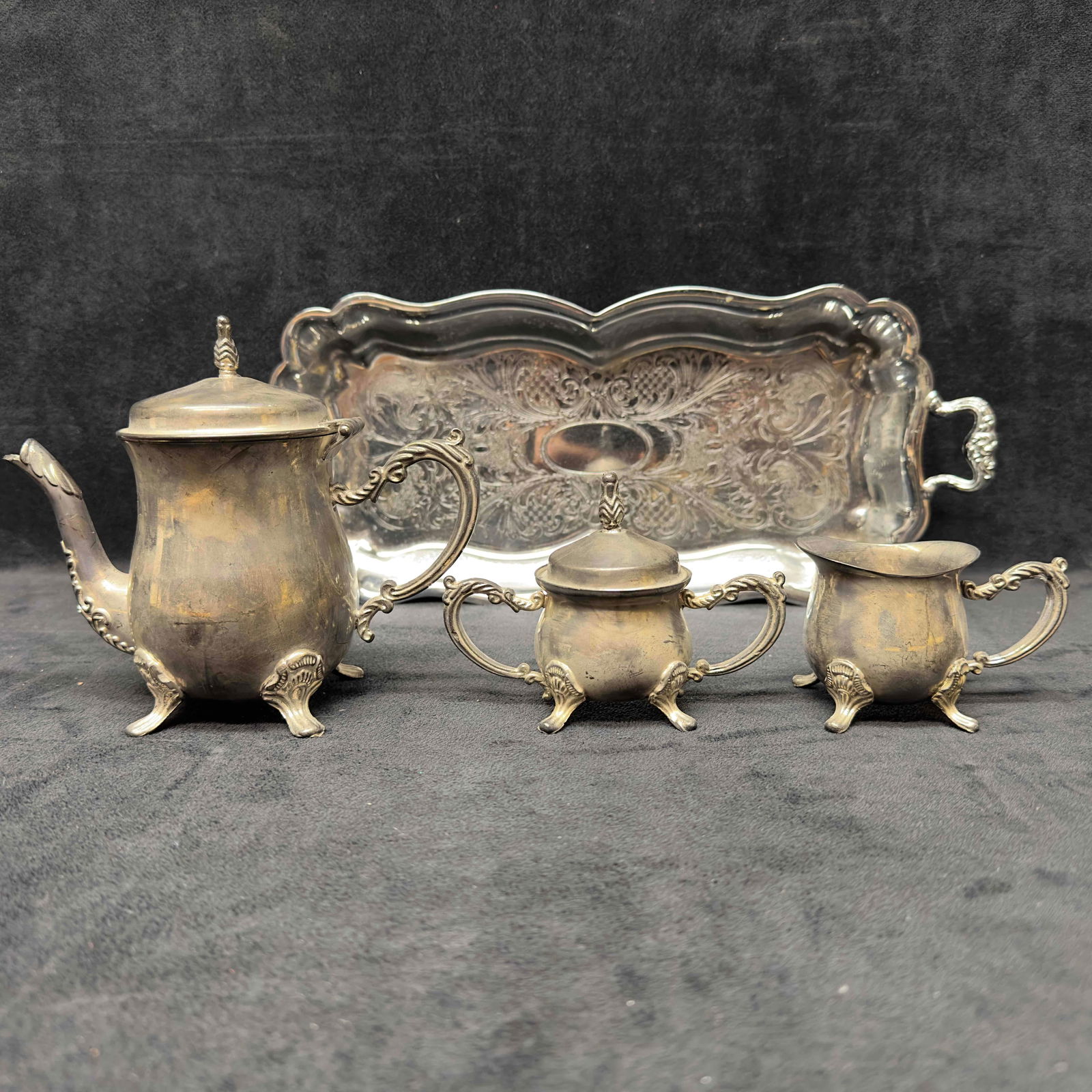 Godinger Mini Silver Plated 3 Piece Coffee Tea Set Teapot Creamer Sugar and Danny Wilson Tray Set (1 of 11)