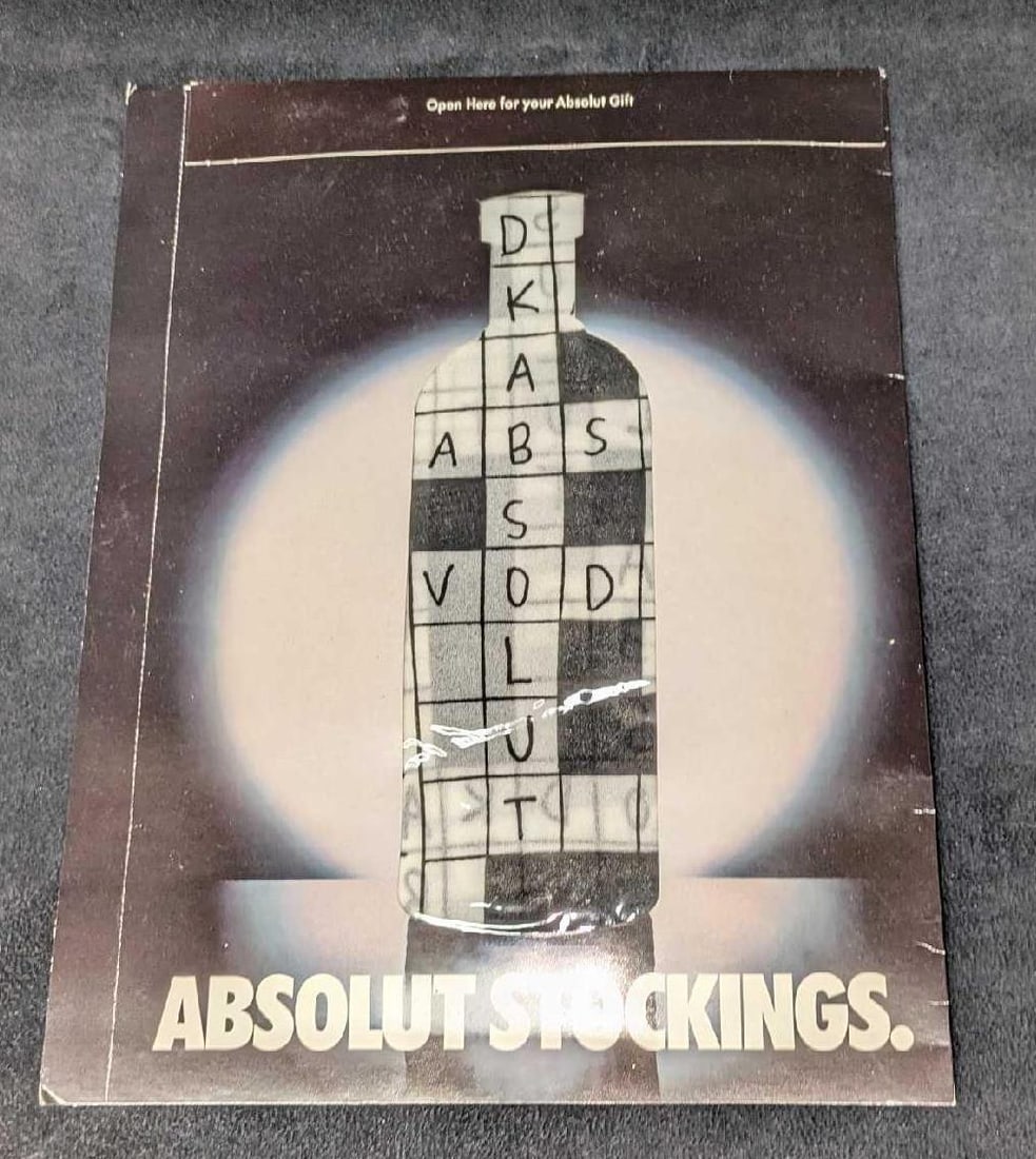 Sealed Absolut Vodka Stockings B: Sealed Absolut Vodka Stockings B. These originally came with an issue of Spy Magazine in the 1990s. The sealed package is approximately 8 1/4" x 10 3/4" and weighs 0.09lb. The package has never been