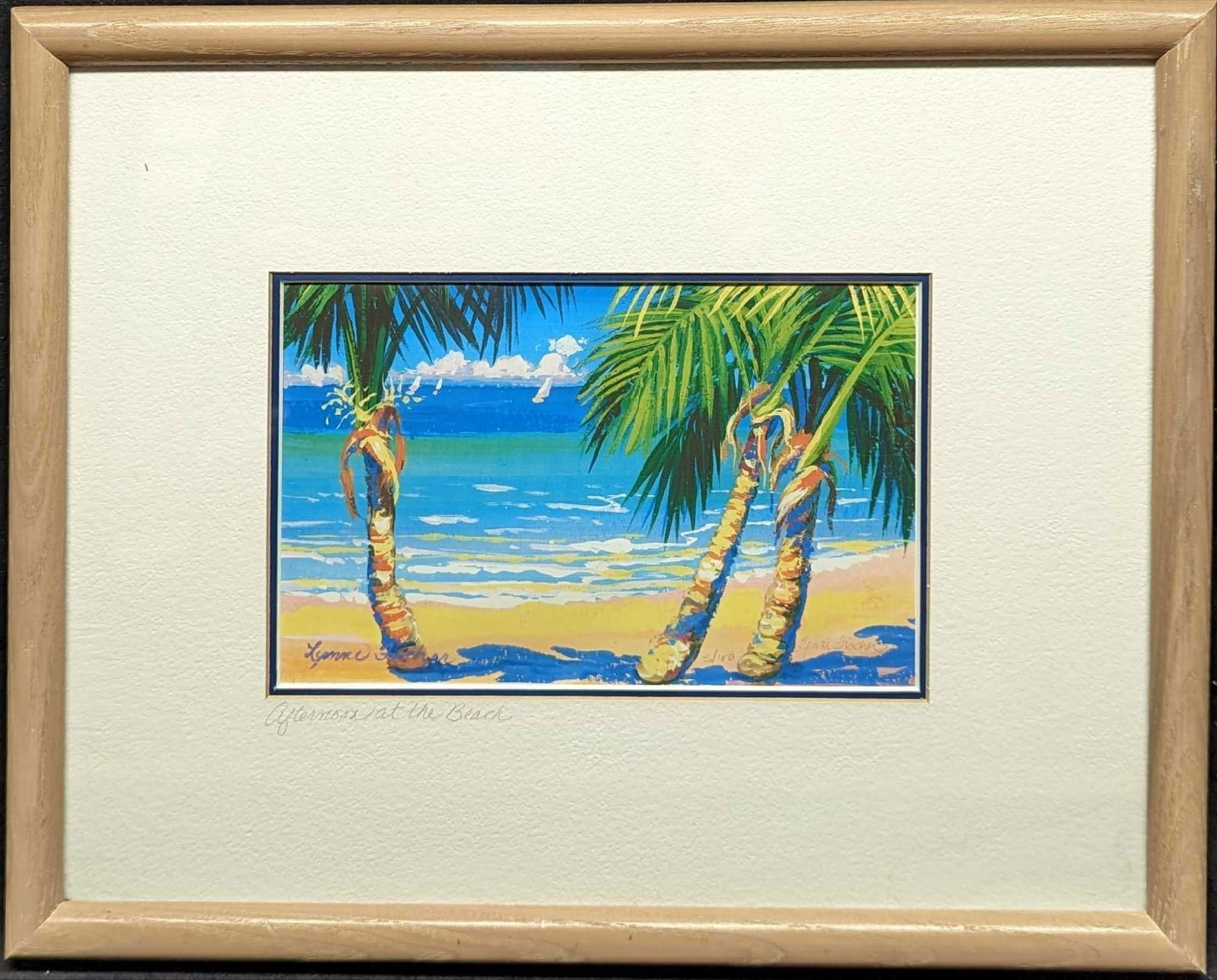 Framed Lynne Fischer S&N Afternoon At The Beach: Framed Lynne Fischer S&N Afternoon At The Beach. This one is #5 out of #100. The framed print is approx 15" x1" x 12" and it weighs 2.10lbs. The print/visible image is approx 8" x 5". There are some m