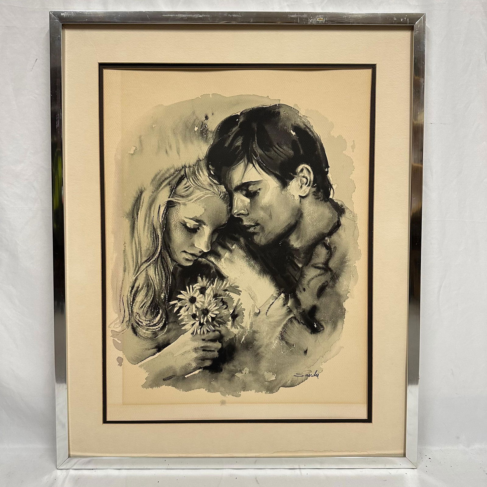 Sandu Liberman Lithograph Young Lovers: Lithograph titled Young Lovers by Sandu Liberman. The artwork is double-matted and housed in a metal frame. The lithograph has come loose from the matting. Visible vertical stain lines are present alo