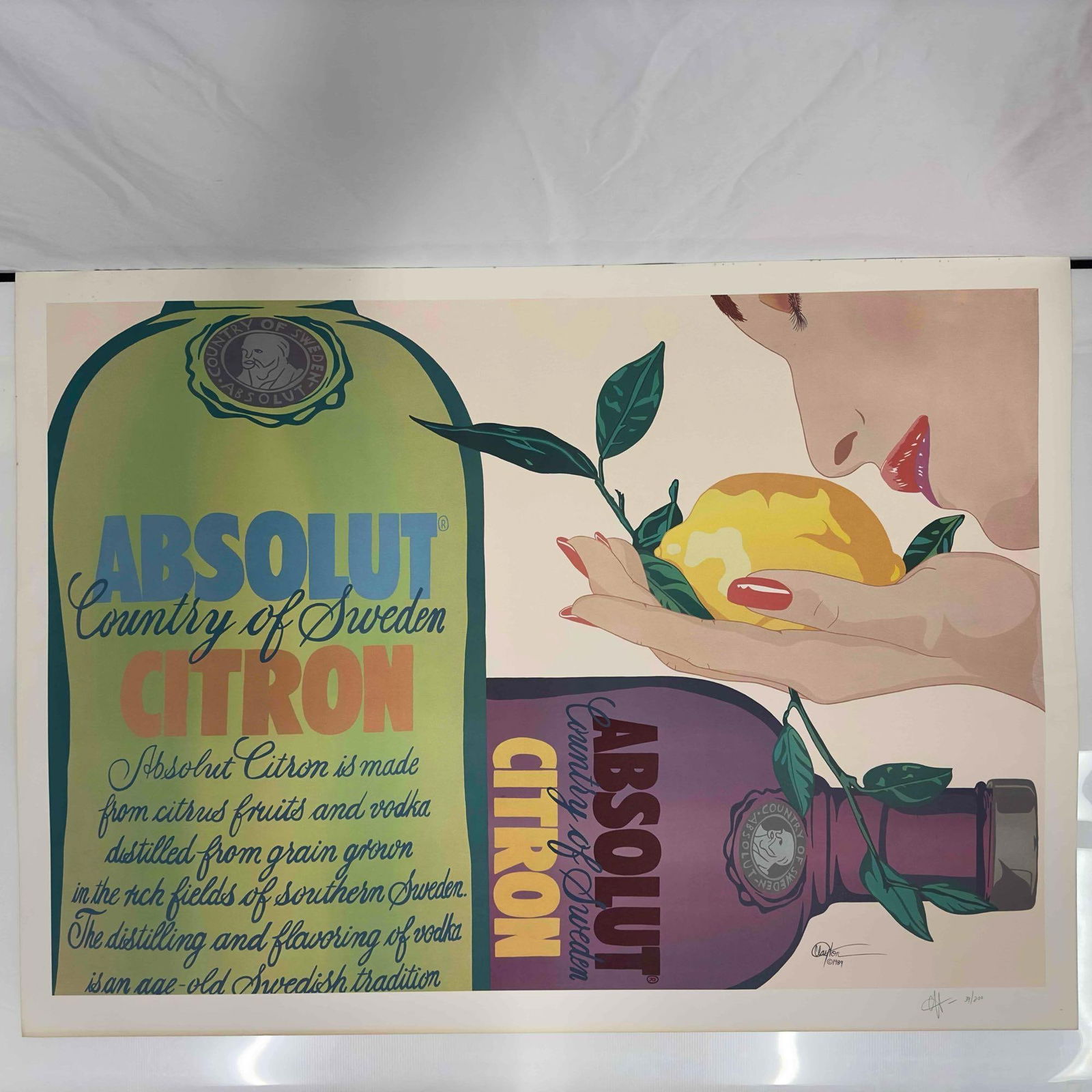 Absolut Citron Vodka Clayton Lefevre Artist Signed Limited Edition Large Lithograph: Absolut Citron Vodka Clayton Lefevre Artist Signed Limited Edition Large Lithograph. Clayton Lefevre Absolut Citron Lithograph 1989 Signed and Numbered by the Artist 39/200. Artist signed by Clayton L