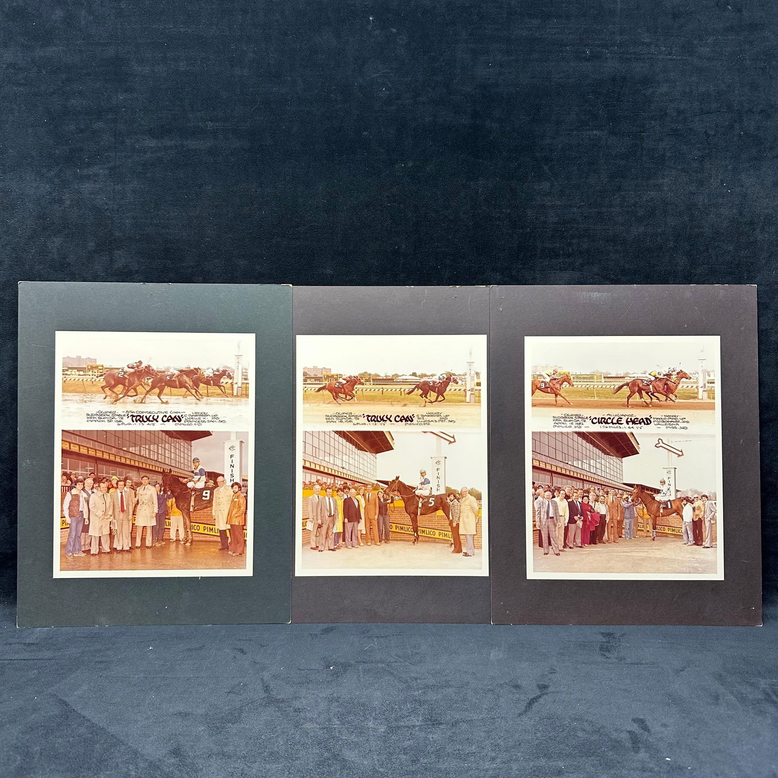 Vintage Horse Racing Photo Lot Pimlico Race Course Maryland Truly Can and Circle Head: Group of three vintage mounted color photographs depicting thoroughbred horse races and winner’s circle scenes at Pimlico Race Course, Baltimore, Maryland. Images feature horses Truly Can and