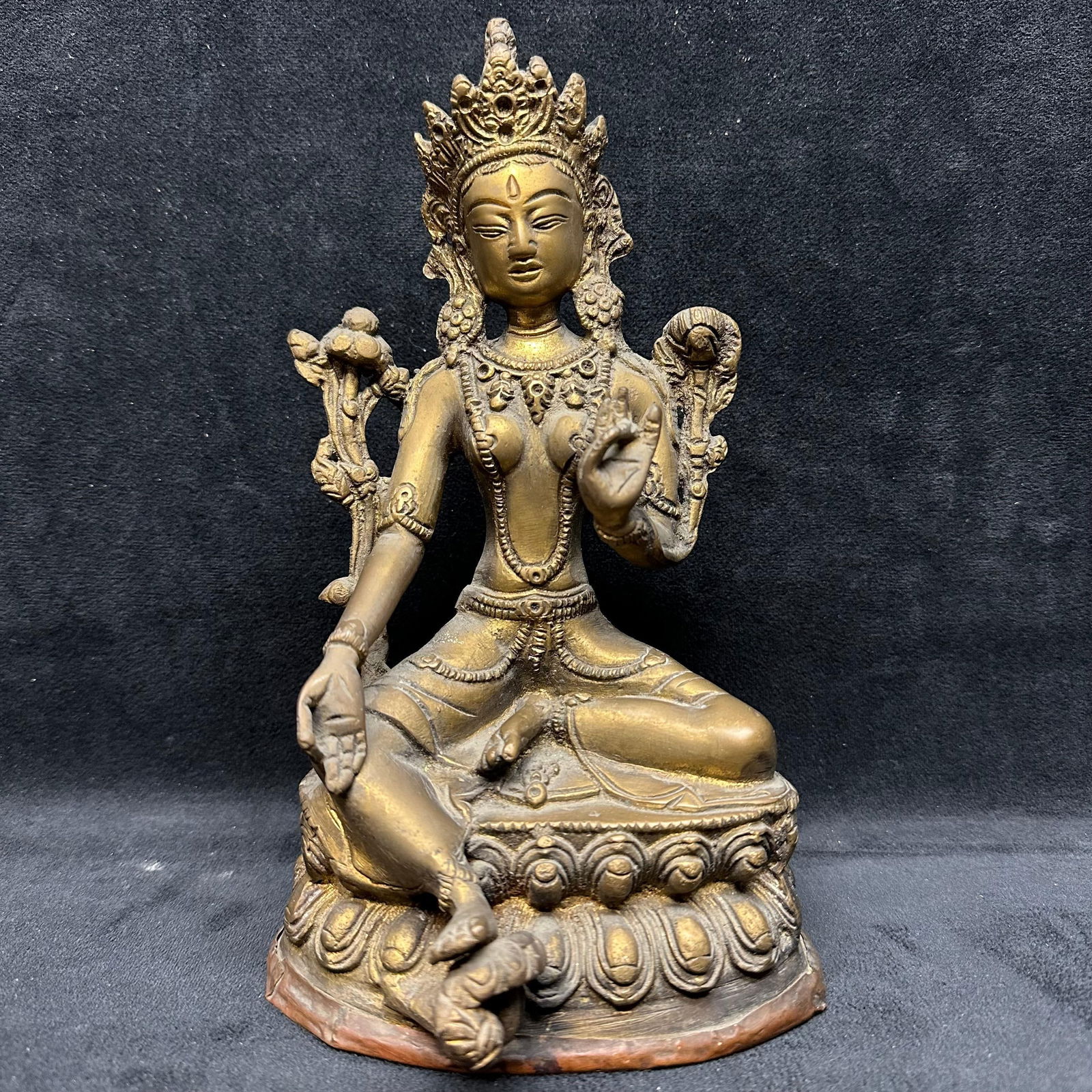 Cast Bronze Tibetan Buddhist Green Tara Style Seated Figure on Lotus Base (1 of 7)