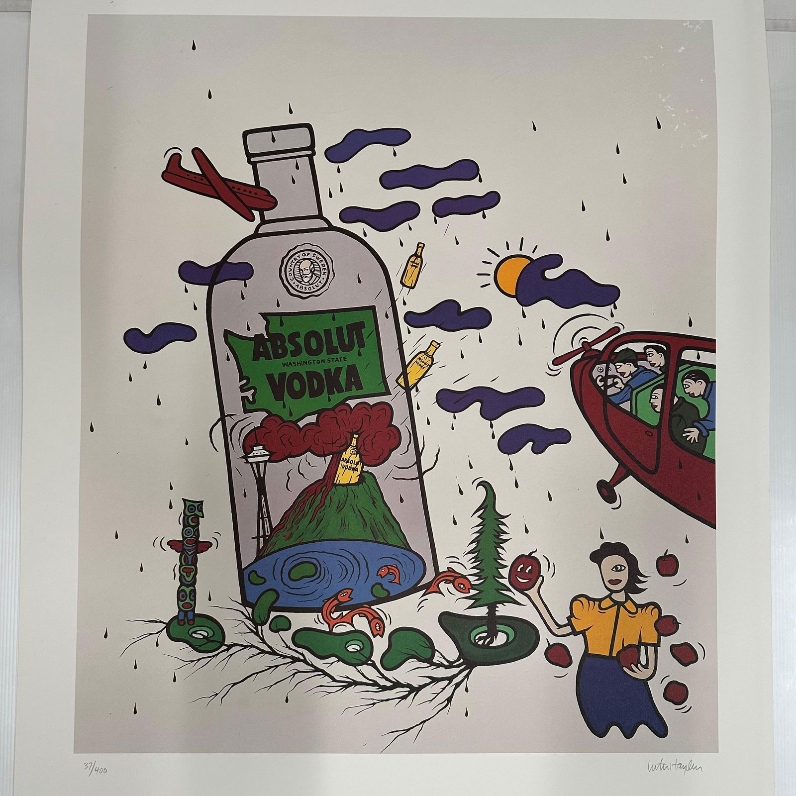 Victor Hayden Absolut Vodka Statehood Washington State Print Signed and Numbered: Limited edition Absolut Vodka “Statehood” lithograph print on paper. Features the iconic Absolut bottle incorporated into a stylized Washington State-themed landscape composition. 