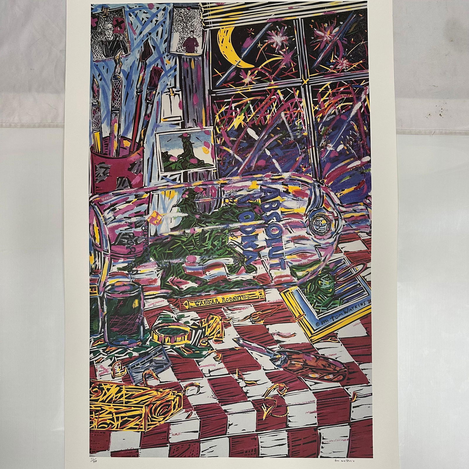 Absolut Vodka Statehood Delaware Tom Watkins Signed and Numbered 37/400: Limited edition Absolut Vodka “Statehood” lithograph print on paper. Features the iconic Absolut bottle incorporated into a stylized Delaware-themed landscape composition. Hand-signed by
