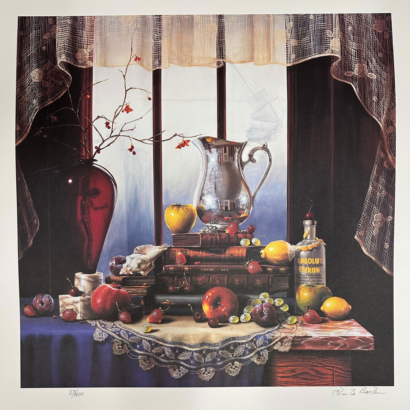 Signed and Numbered Absolut Statehood California Charles Becker Print 37/400: Limited edition Absolut Vodka “Statehood” lithograph print on paper. Features the iconic Absolut bottle incorporated into a stylized California-themed landscape composition. Hand-signed by