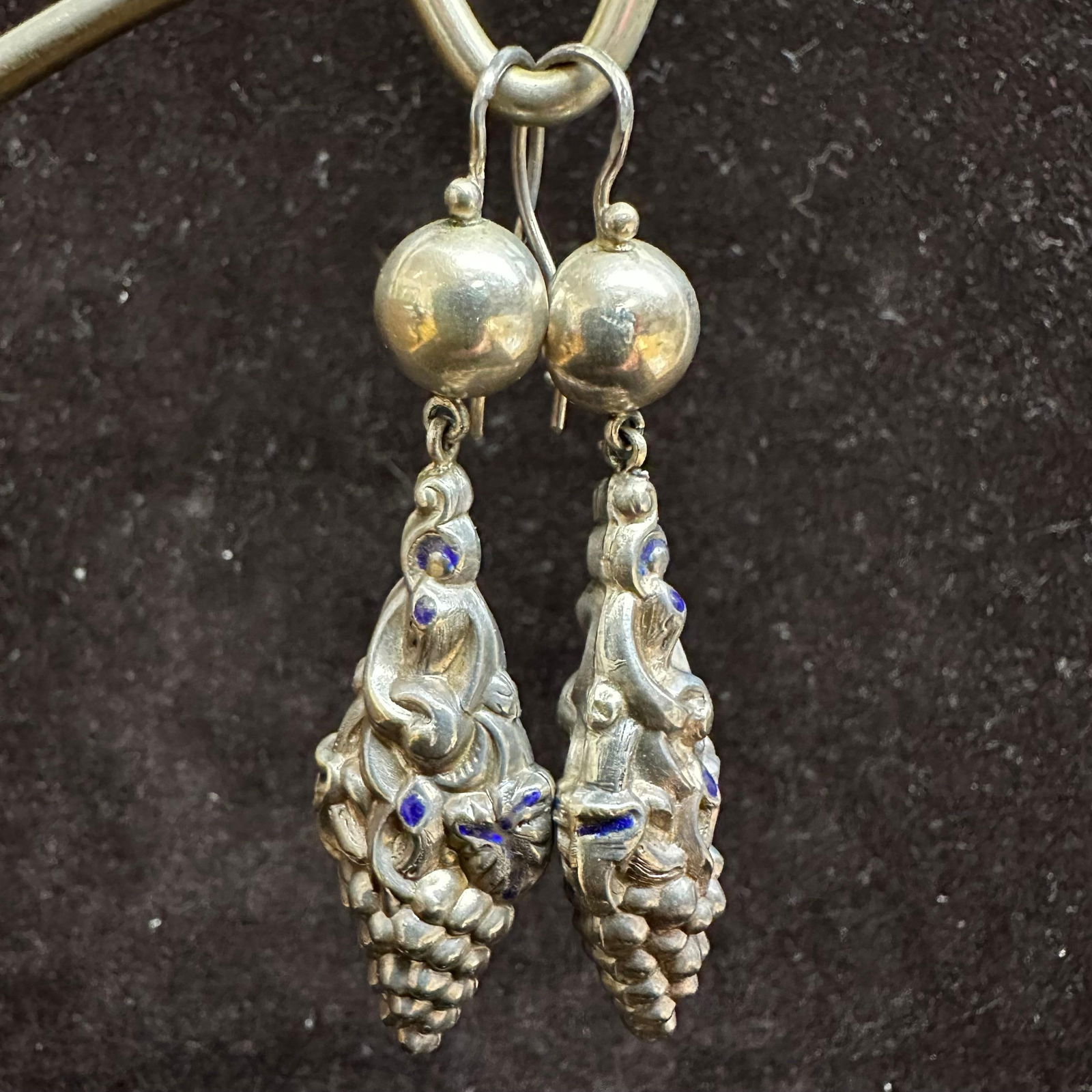 Figural Grape Cluster Drop Earrings with Blue Enamel Accents: This item is in good pre-owned, previously used/displayed condition with noticeable light wear and surface scratches. Please reference all photos for full details. This piece of jewelry has been
