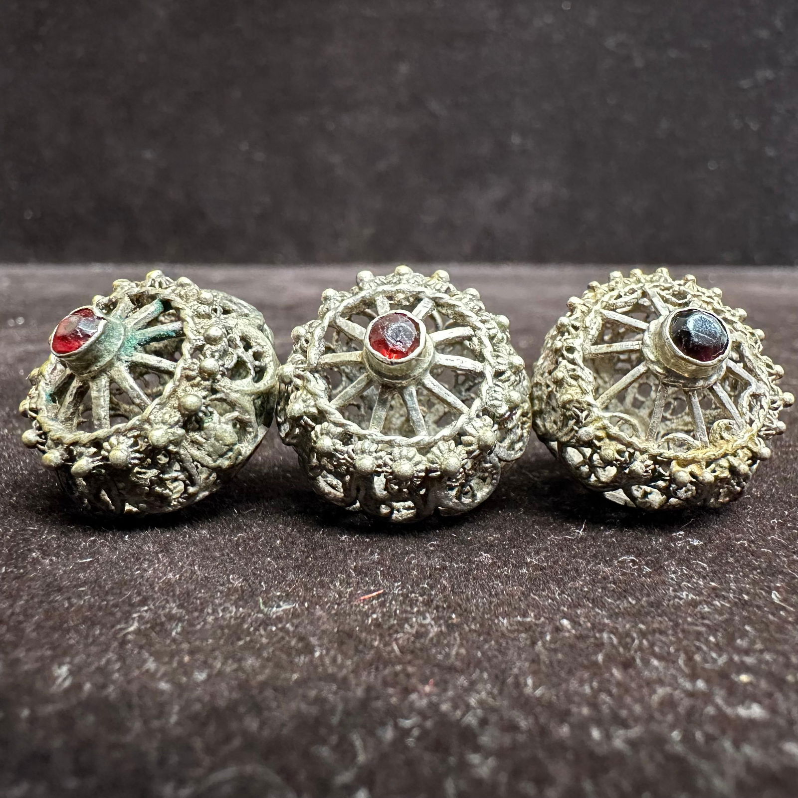 Three Ornate Filigree Red Garnet Stone Silver Charm Set V46 (1 of 7)