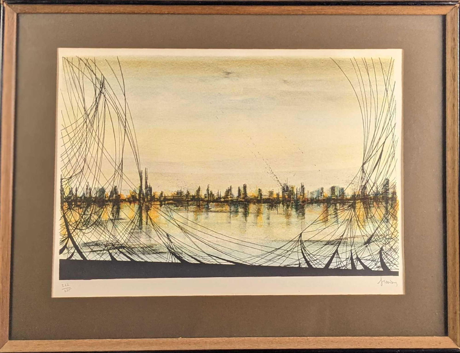 Vintage Mario Sinisca Framed LE Color Lithograph: A signed limited edition, a hand-pulled color lithograph of a futuristic cityscape. Is #242 out of #275. Framed litho is approx 25" x 1" x 19" and weighs 6.5lbs. The litho is approx 19" x 13". The fra