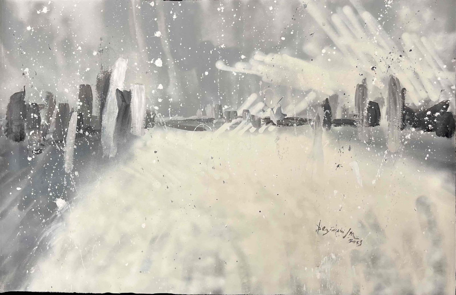 Original Acrylic Paint And Spray Paint On Canvas WINTER SNOW IN NEW YORK CITY, USA by BENJAMIN L.M: This lot contains a Original Acrylic Paint & Spray Paint On Canvas, Winter Snow In New York City, USA by Benjamin L.M. 2023. Benjamin L.M. is from Adelaide, Australia, and is now based in New Jer