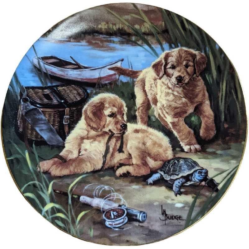 Linda Budge Fishing For Dinner Golden Puppy Plate: Linda Budge Fishing For Dinner Golden Puppy Plate. Based on original artwork by Linda Budge. This was released by the Hamilton Collection in 1995. This is plate #1071A. The plate is approx 8 1/4" x 1"