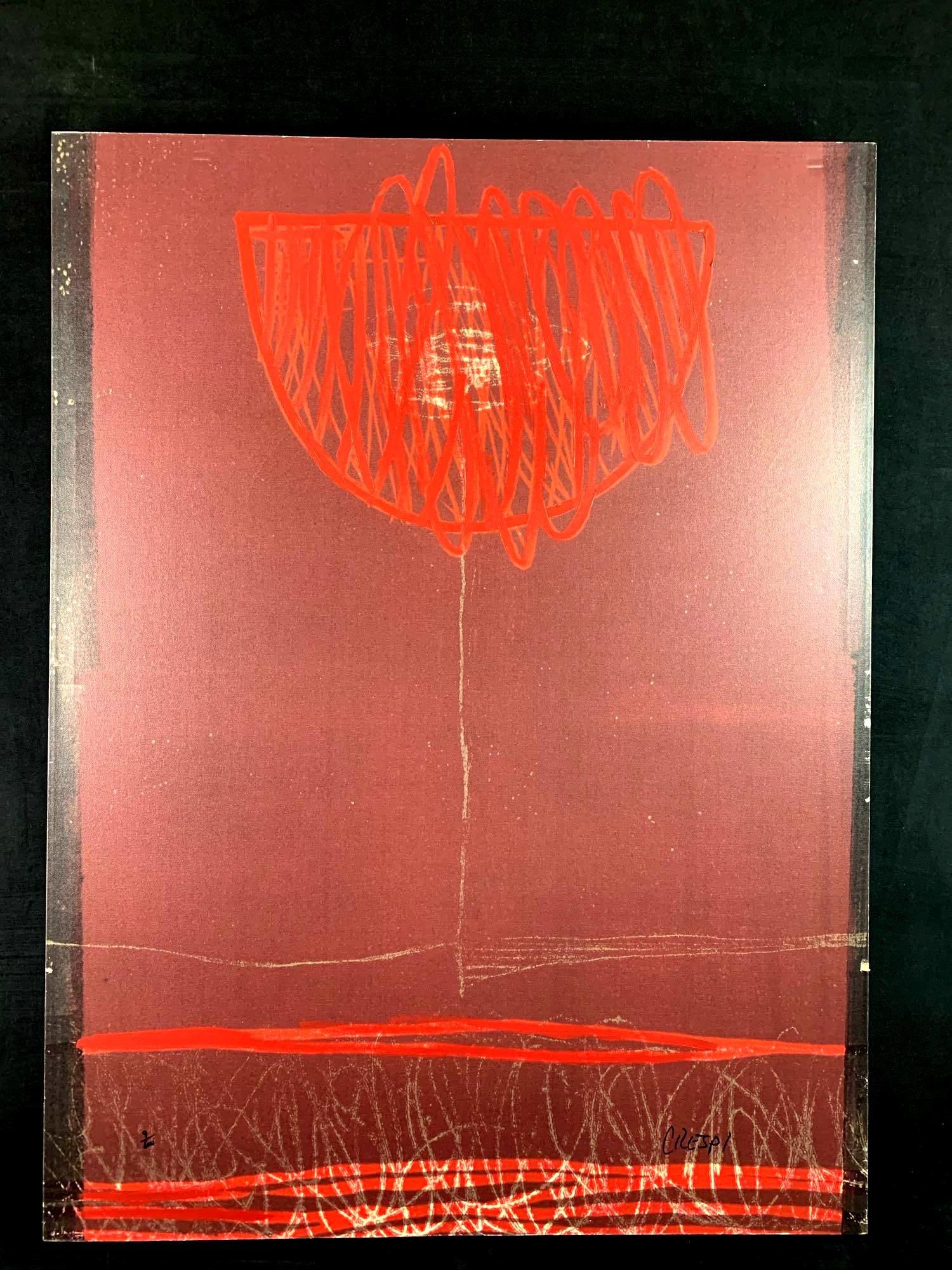 Large Canvas Abstract Print Burgundy Glass w/ Red Paint Lines: Large Canvas Abstract Print Burgundy Glass w/ Red Paint Lines Unframed canvas print with raised paint throughout print. Condition: Very Good. Small tear on right side edge towards bottom of picture. P