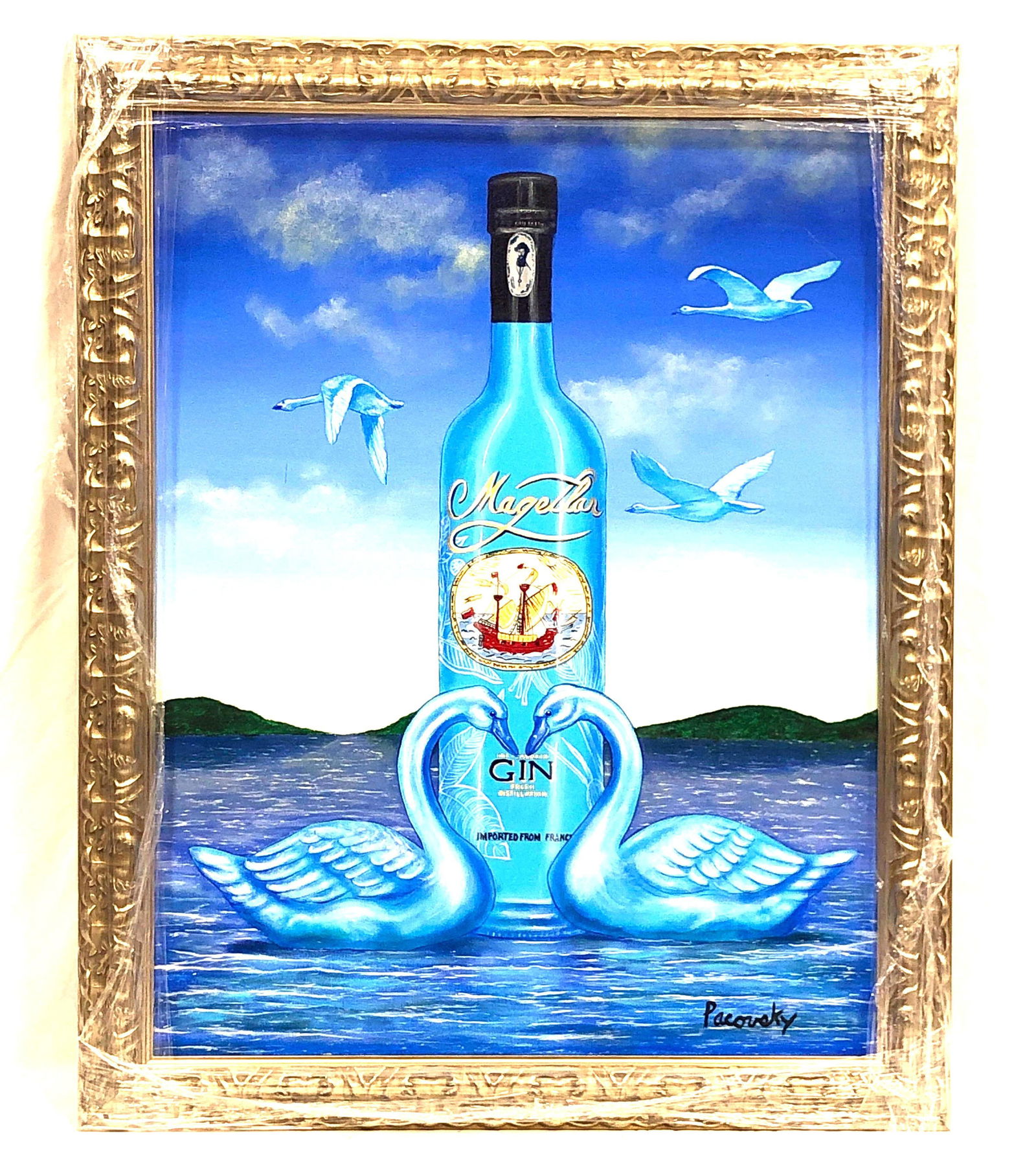 John Pacovsky & Magellan Gin - Commissioned, Signed, Framed - Acrylic on Canvas: Magellan Gin Marketing Ad - "Swan" Painting Commissioned by Liquor Branding Executive. Signed and Framed Acrylic on Canvas by Artist John Pacovsky. The item measures approximately 33" x 41