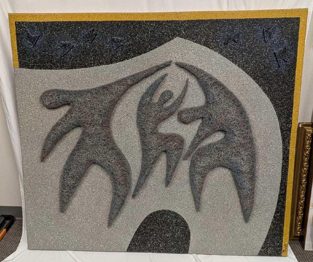 Large Mixed Media Balek Star Dance On Canvas R72: Large Mixed Media Balek Star Dance On Canvas R72. This is approx 60" x 2" x 54" and it weighs 27lbs. Appears to be a mixture of acrylic paint and an mesh/filter hand-cut into the designs seen in the i