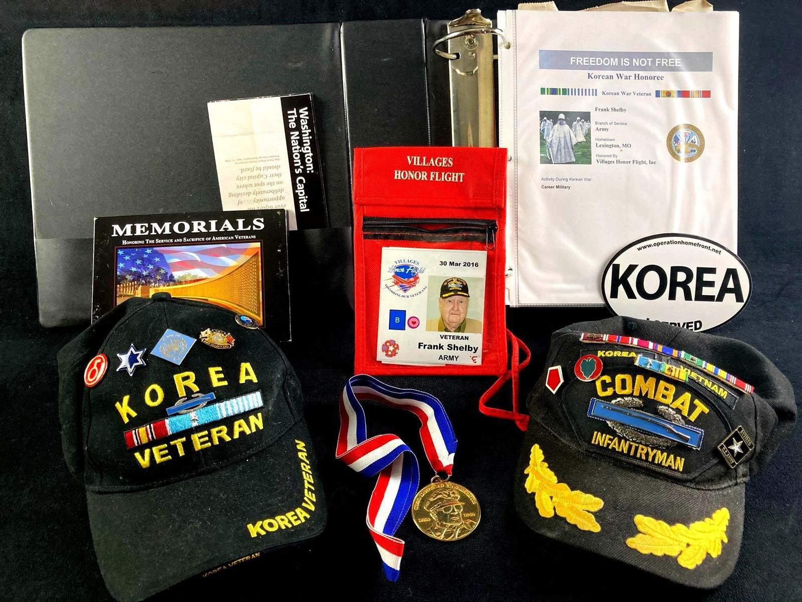 Frank Shelby Korean & Vietnam Wars Combat Veteran Honor Flight Letters, Hats, Medals: This lot includes: (1) Large Binder of Honor Flight Letters, Documents, Pamphlets, and Cards (2) Frank Shelby's Veteran Hats (1) General Douglas MacArthur Medal #288