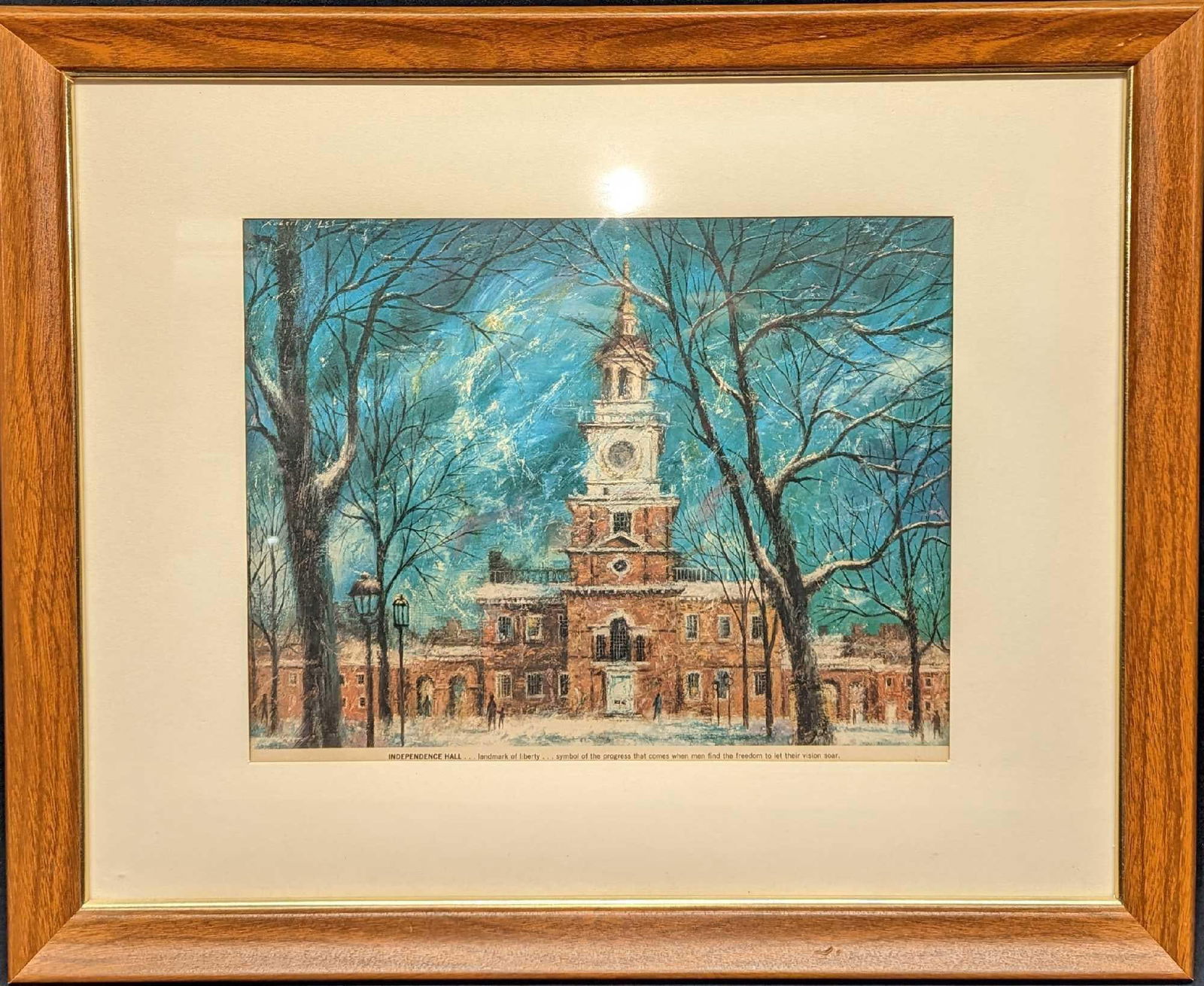 Framed Vintage US Independence Hall Print: Framed Vintage US Independence Hall Print. This print is approx 22" x 1 1/4" x 19" and it weighs 3.60 lbs. The artist is unknown. There are some scratches on the frame.