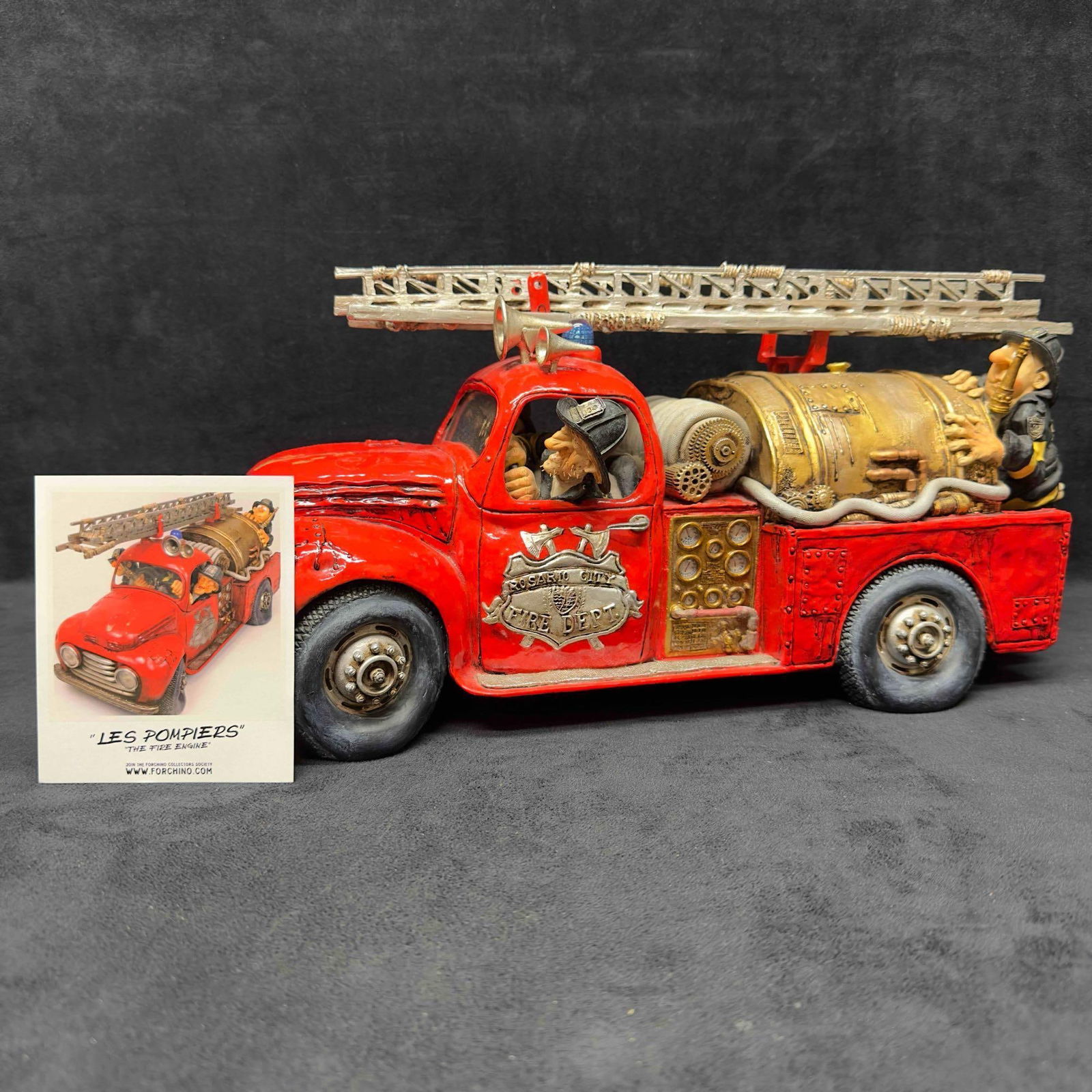 Guillermo Forchino The Fire Engine Firetruck Sculpture Figurine Statue Art Resin Figure R119: Guillermo Forchino The Fire Engine Firetruck Sculpture Figurine Statue Art Resin Figure. This is a sculpture titled the comic art of Guillermo Forchino The Fire Engine. The ladder is loose, not