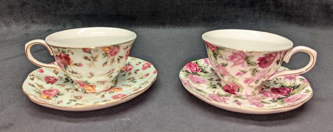 2 Gracie China Floral Cups & Saucers A: 2 Gracie China Floral Cups & Saucers A. Dishwasher safe. The saucers are approx 6" x 6" x 3/4" and the cups are approx 5" x 4" x 2 1/4". The total weight is 1.67lb. There is some light wear on the