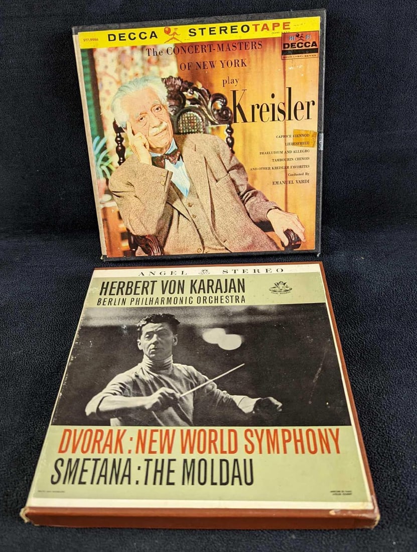 Herbert Von Karajan & Kreisler 4 Track Tapes: Herbert Von Karajan & Kreisler 4 Track Tapes This lot consists of: (1) Herbert Von Karajan - Berlin Philharmonic Orchestra. Angel Records. 4 Track Tape. It comes in its original box which is