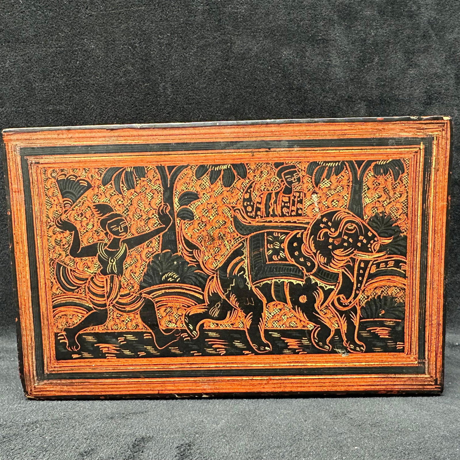 Antique Burmese Lacquerware Style Decorative Lid Trinket Box: Handcrafted Burmese trinket box with elephant motifs. This item is in pre-owned, previously displayed condition with light wear and surface scratches/markings. Please reference all photos for full