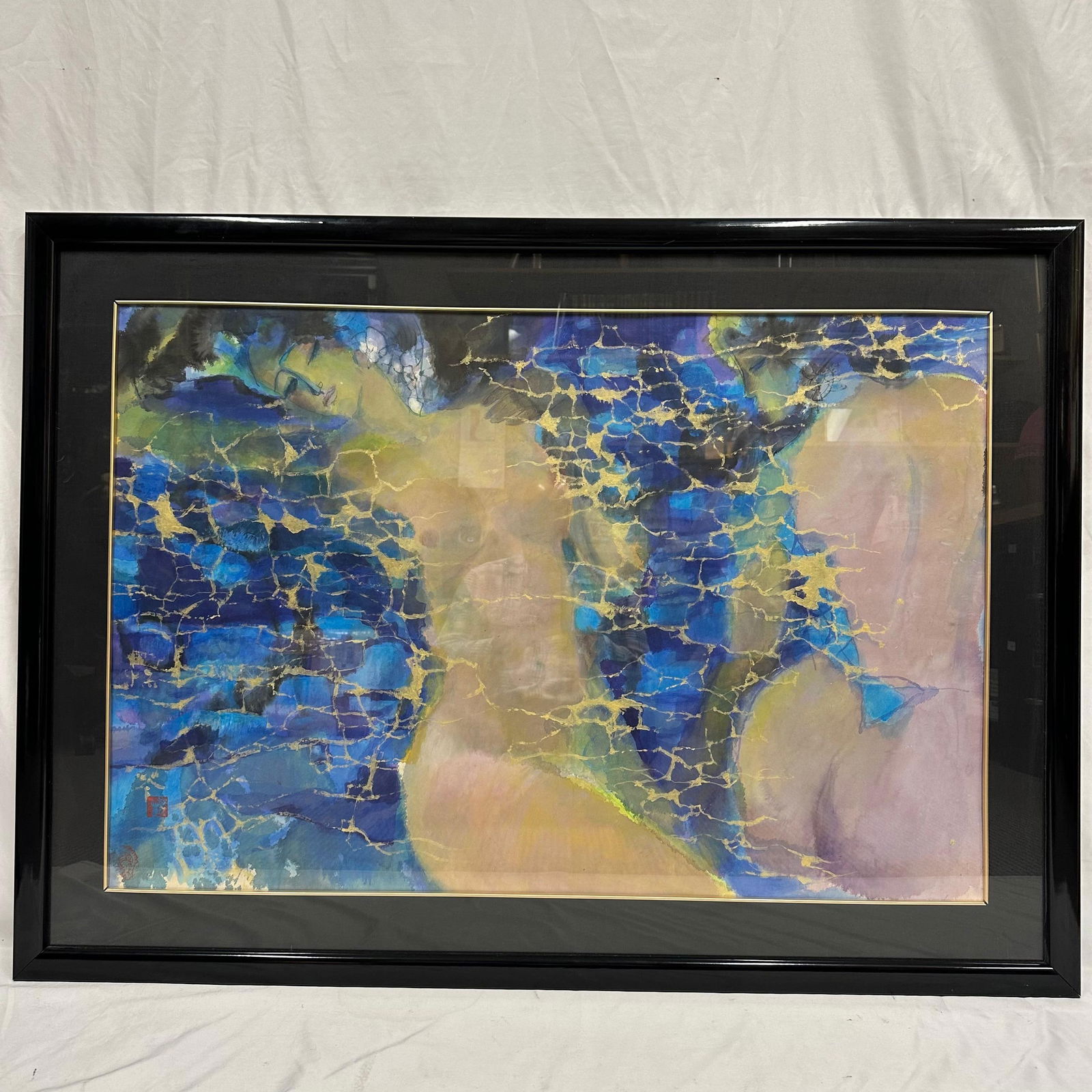 Original Quan Sun Mixed Media Abstract Figural Composition Gold Texture Signed with Artist Seal: Original mixed media artwork by artist Quan Sun, featuring an abstract figural composition rendered in layered blues, greens, ochres, and soft flesh tones, accented with crackled gold textured or meta