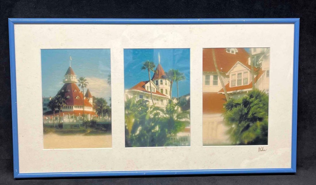 Three Framed & Signed Dallas Photographs Of The Hotel Del Coronado: This lot contains Three Framed & Signed Dallas Photographs Of The Hotel Del Coronado. The frame is approx 11 1/4" x 20 1/4" and each photograph is approx 7 1/4" x 4 3/4". Altogether the frame/pho