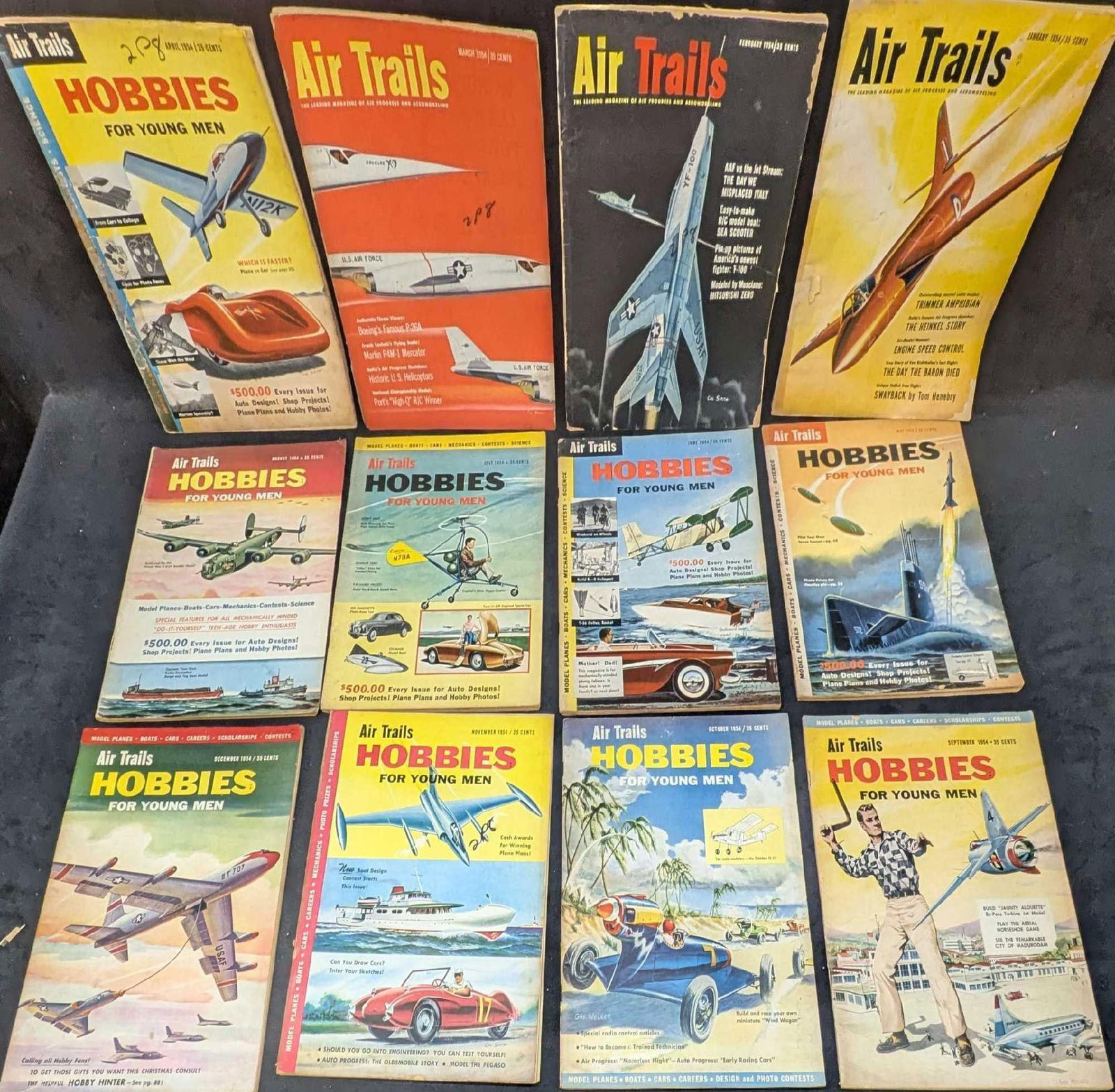 12 Issues Of Air Trails Hobbies For Young Men 1954: 12 Issues Of Air Trails Hobbies For Young Men 1954. Each of the issues are approx 8 3/8" x 1/8" x 11 1/4" and the total weight is 4.50lbs. The covers have shelf-wear. Please see the images as they