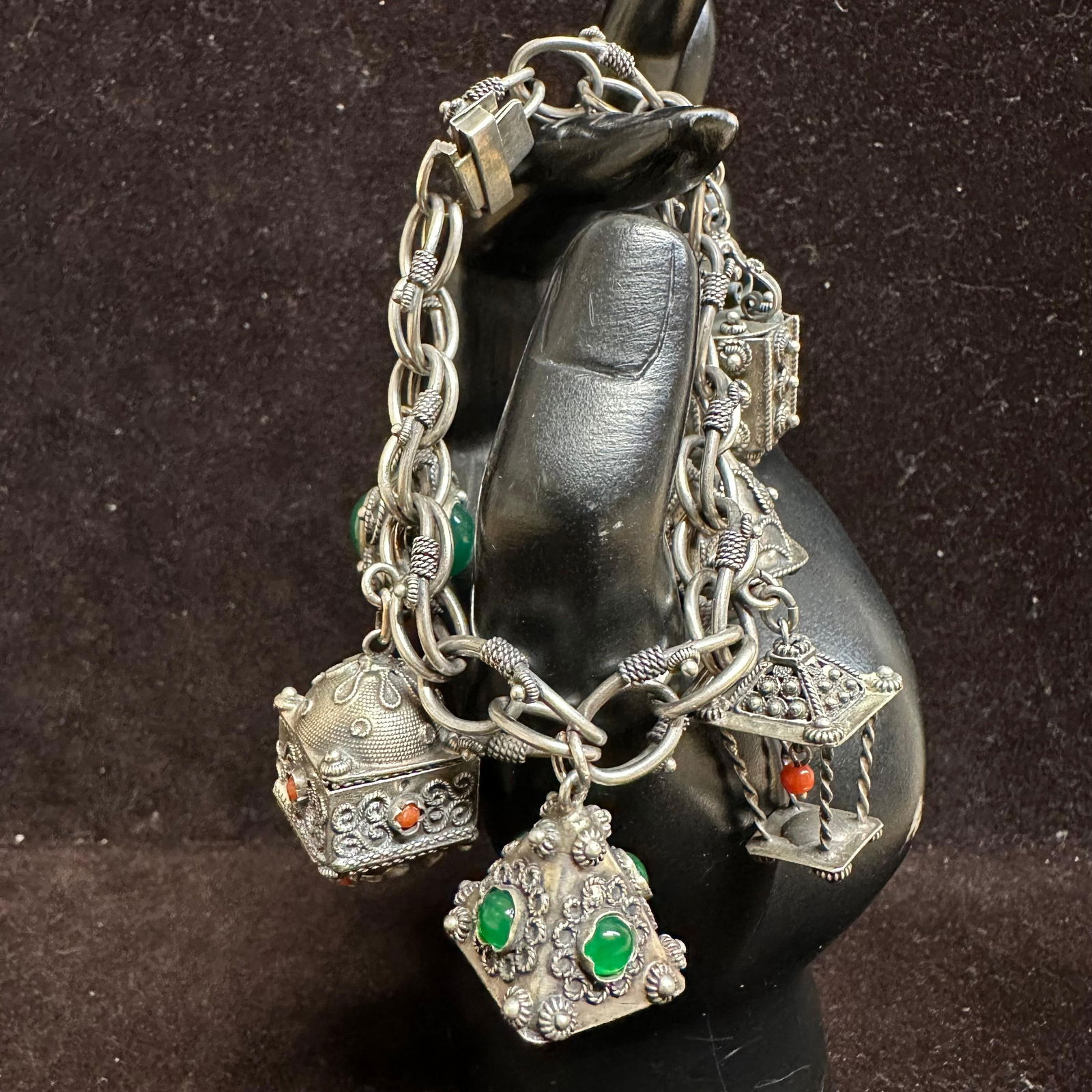 Italian Deco Etruscan Revival Style 800 Silver Five Fob Charms Bracelet L84: This item is in good pre-owned, previously used/displayed condition with noticeable light wear and surface scratches. Please reference all photos for full details. This piece of jewelry has been teste
